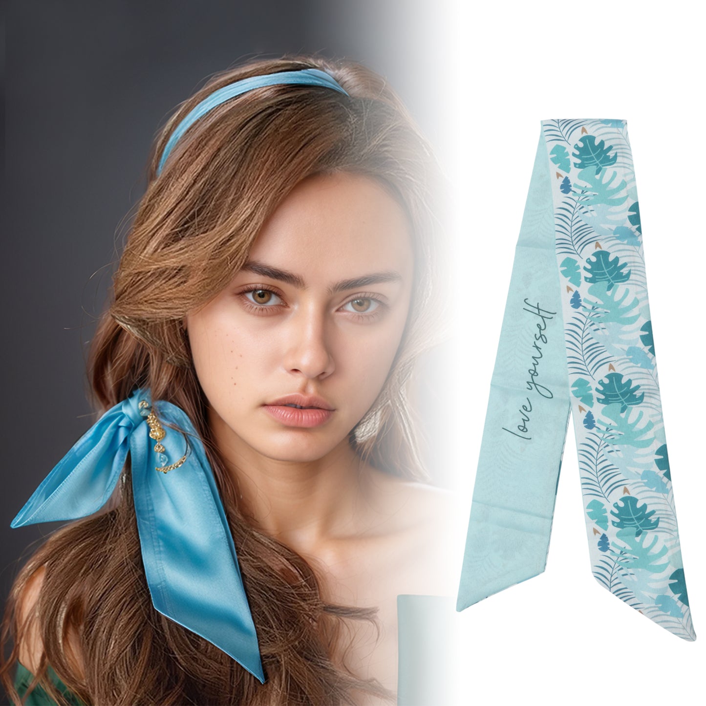 Diadema larga con estampado de hojas para mujer, color azul, 1 unidad