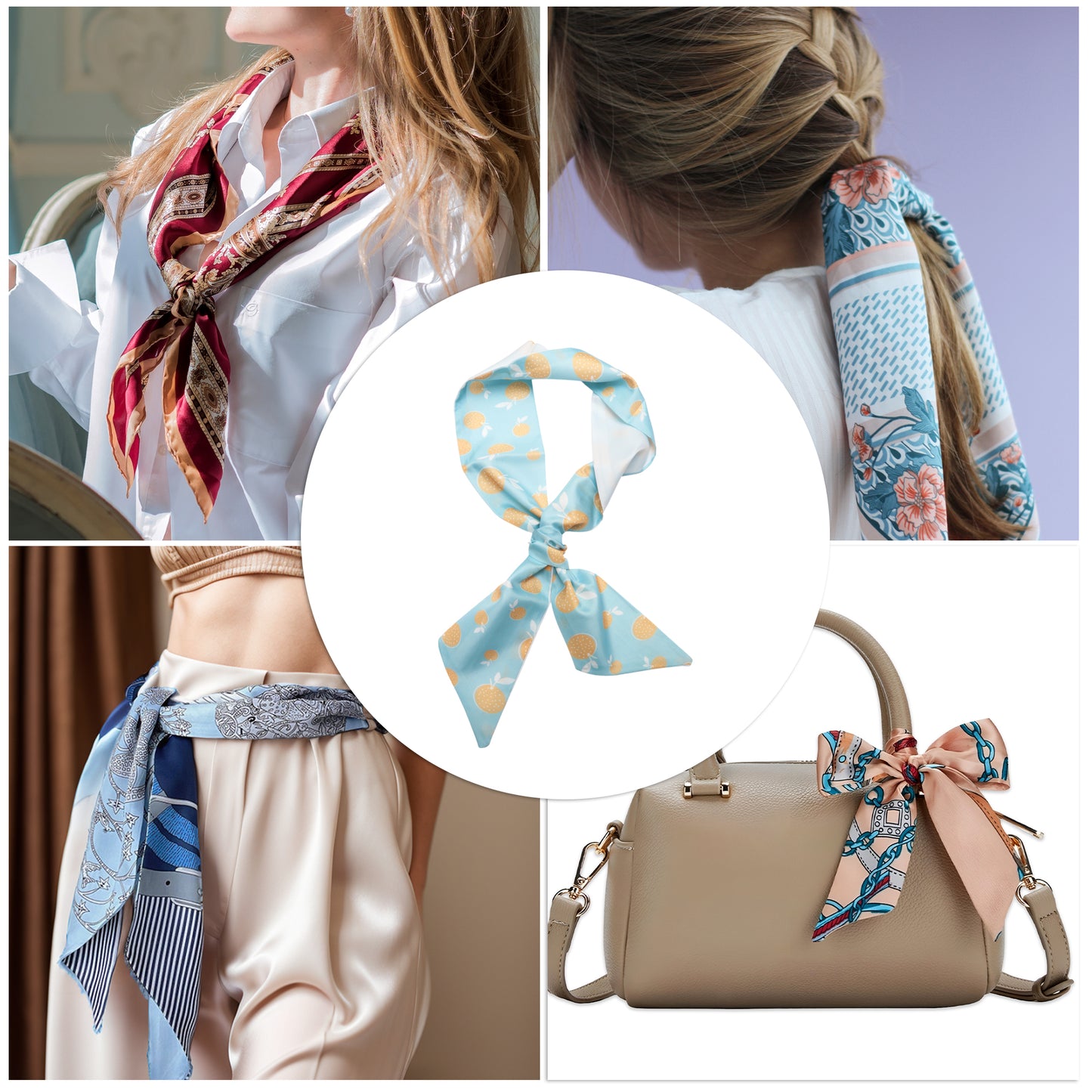 Long Ribbon Leaves Pattern Headband for Women Light Blue White 1 Pc