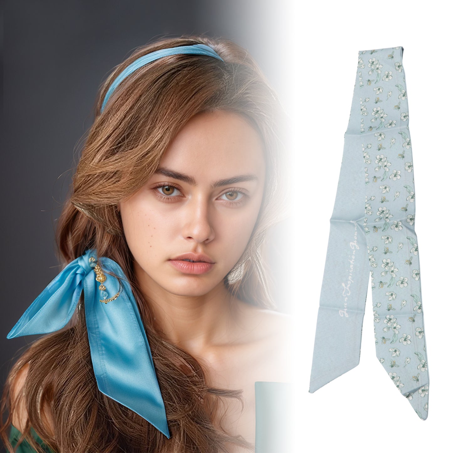Diadema larga con flores para mujer, color azul claro, 1 unidad