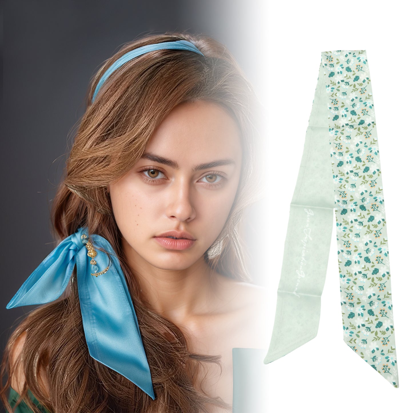 Diadema larga con cinta y flores pequeñas para mujer, color verde, 1 unidad