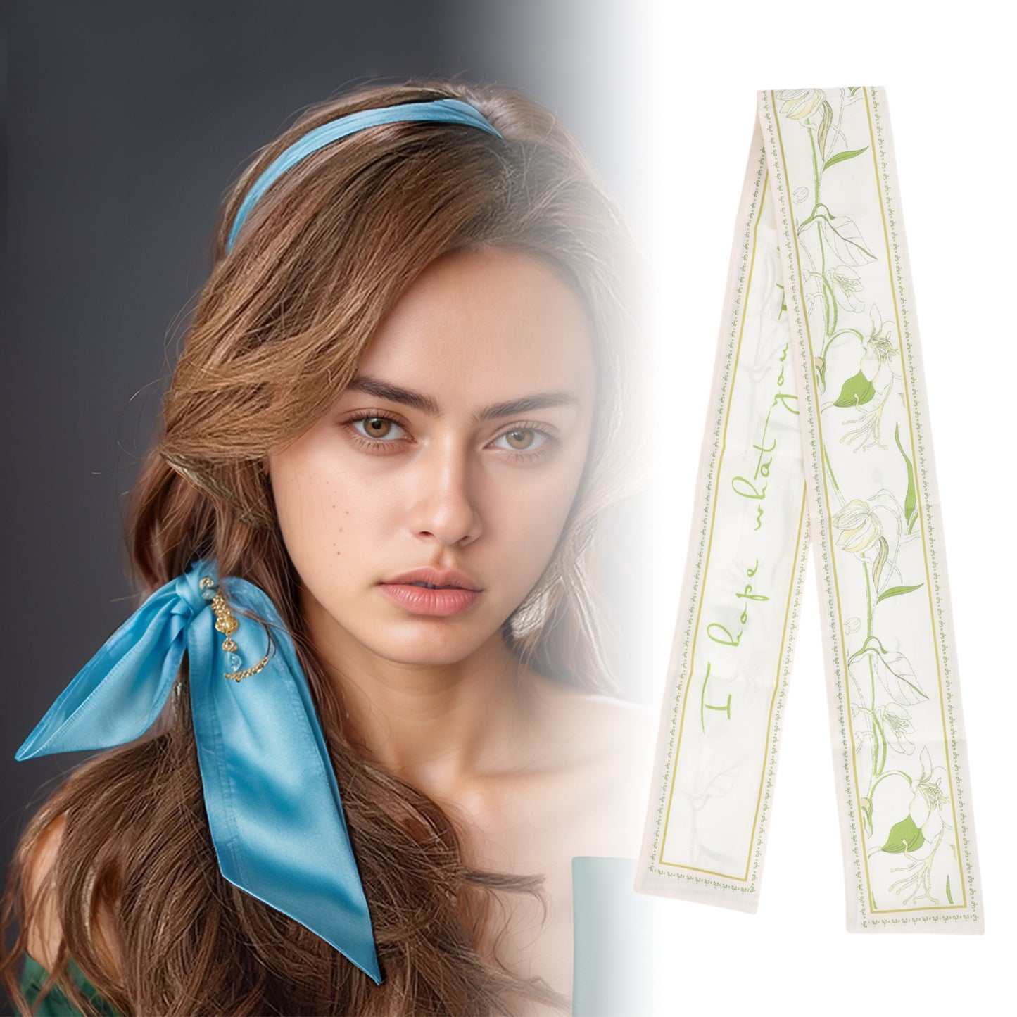 Flower Long Ribbon Headband for Women Beige Green 1 Pc