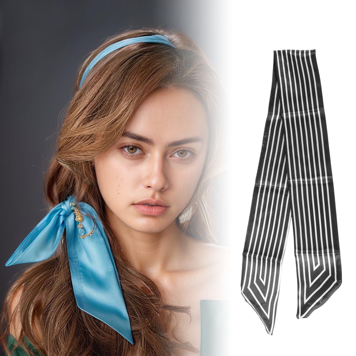 Self-tie Stripes Satin Headband Neckerchief for Women Black White 1 Pc