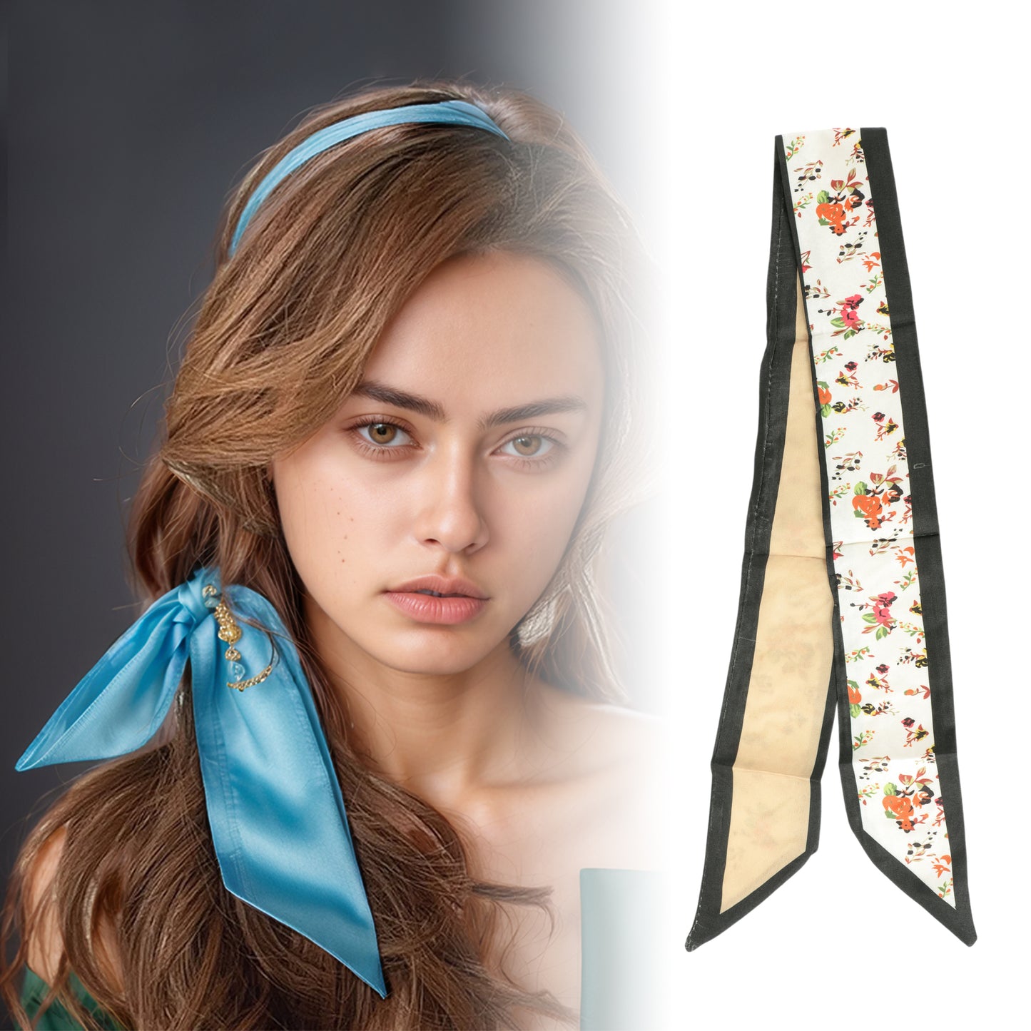 Ditsy Floral Satin Headband for Women Black Beige 1 Pc
