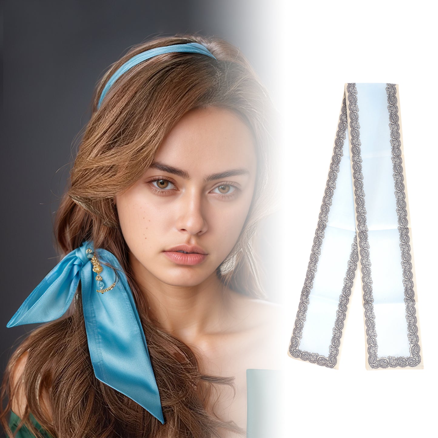 Diadema de satén estampada para mujer, color azul grisáceo, 1 unidad
