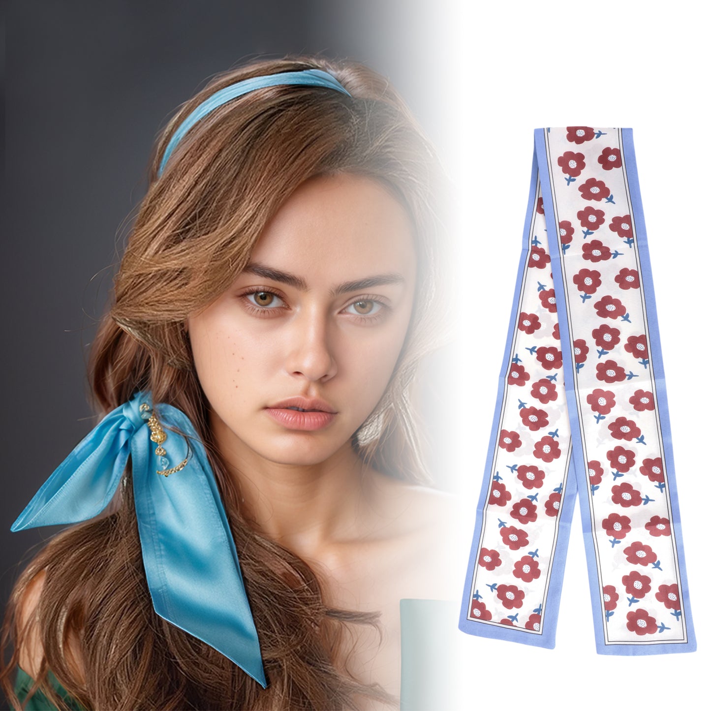 Diadema de satén floral para mujer, pañuelo para el cuello, azul y rojo, 1 unidad