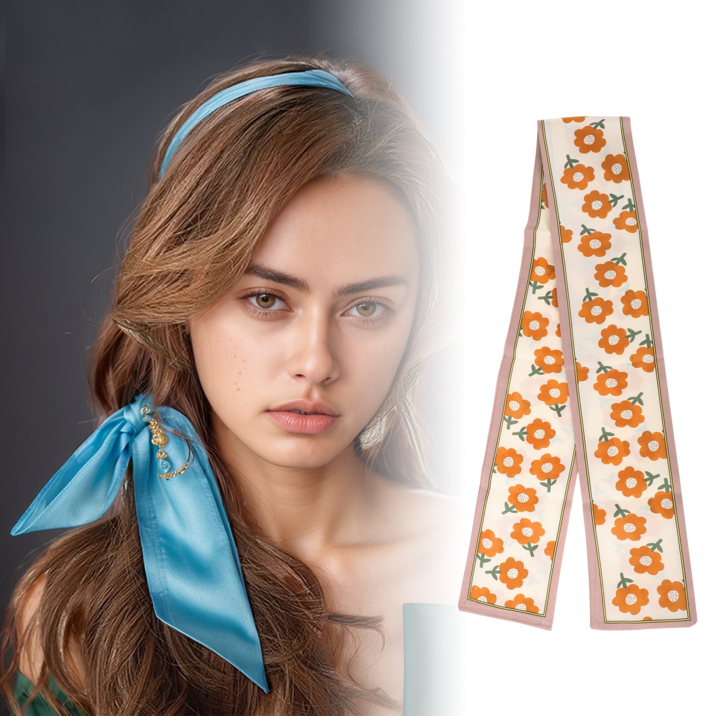 Floral Satin Headband for Women Neckerchief, Coffee Color Orange 1 Pc