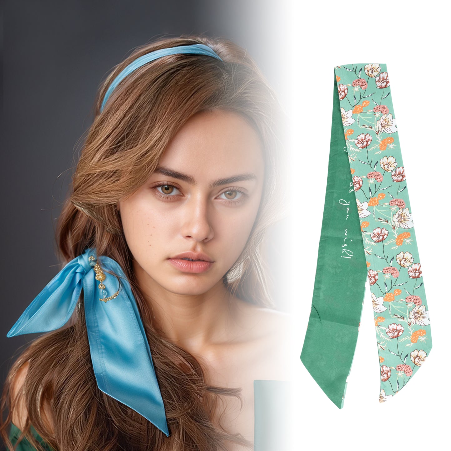 Diadema de satén con estampado de flores para mujer, color verde, 1 unidad