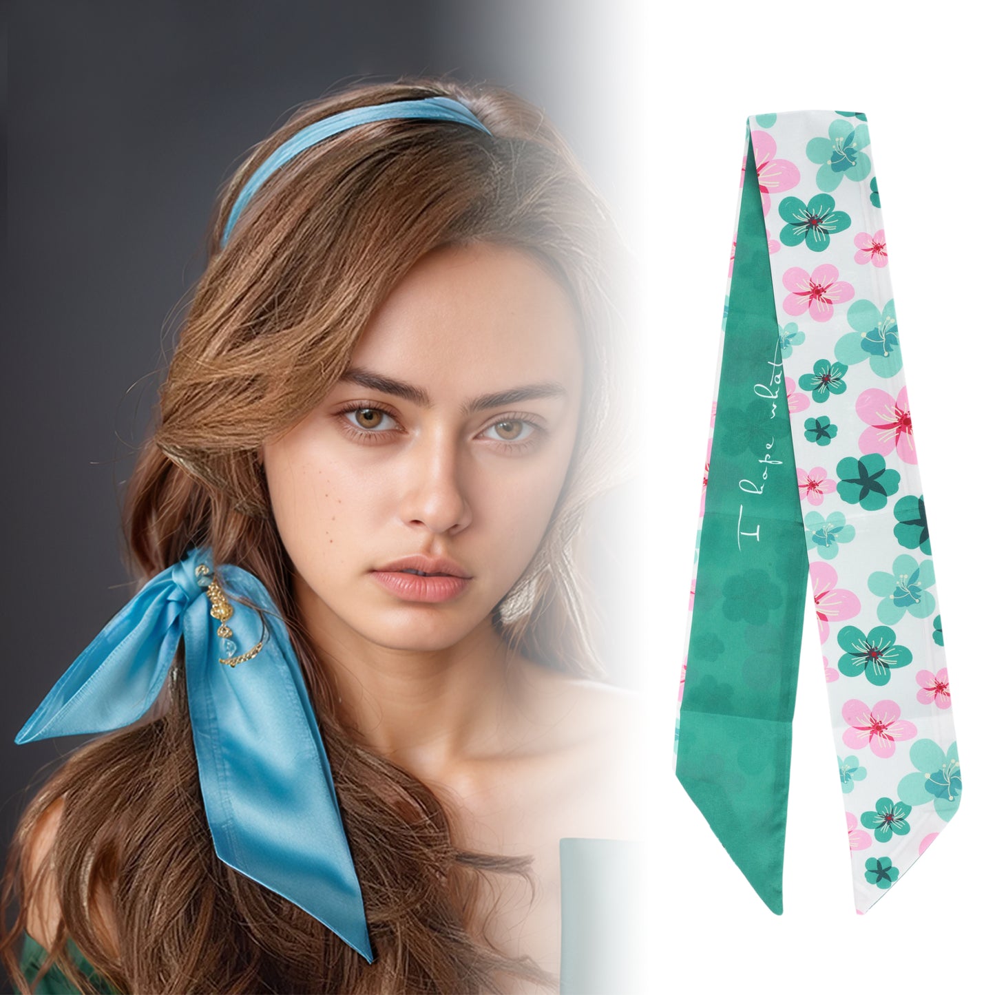 Flower Print Satin Self-tie Headband for Women Pink Green 1 Pc