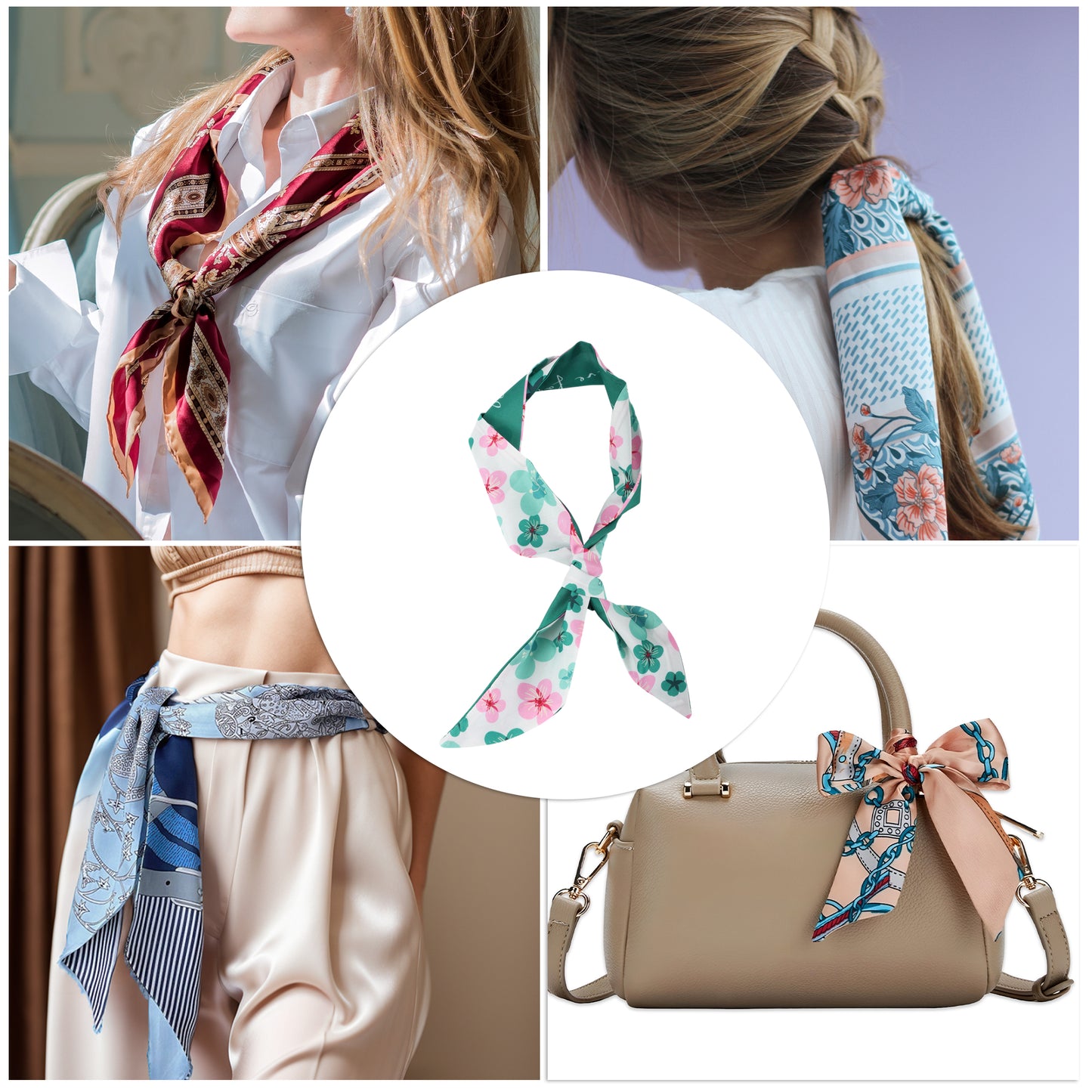 Flower Print Satin Self-tie Headband for Women Pink Green 1 Pc