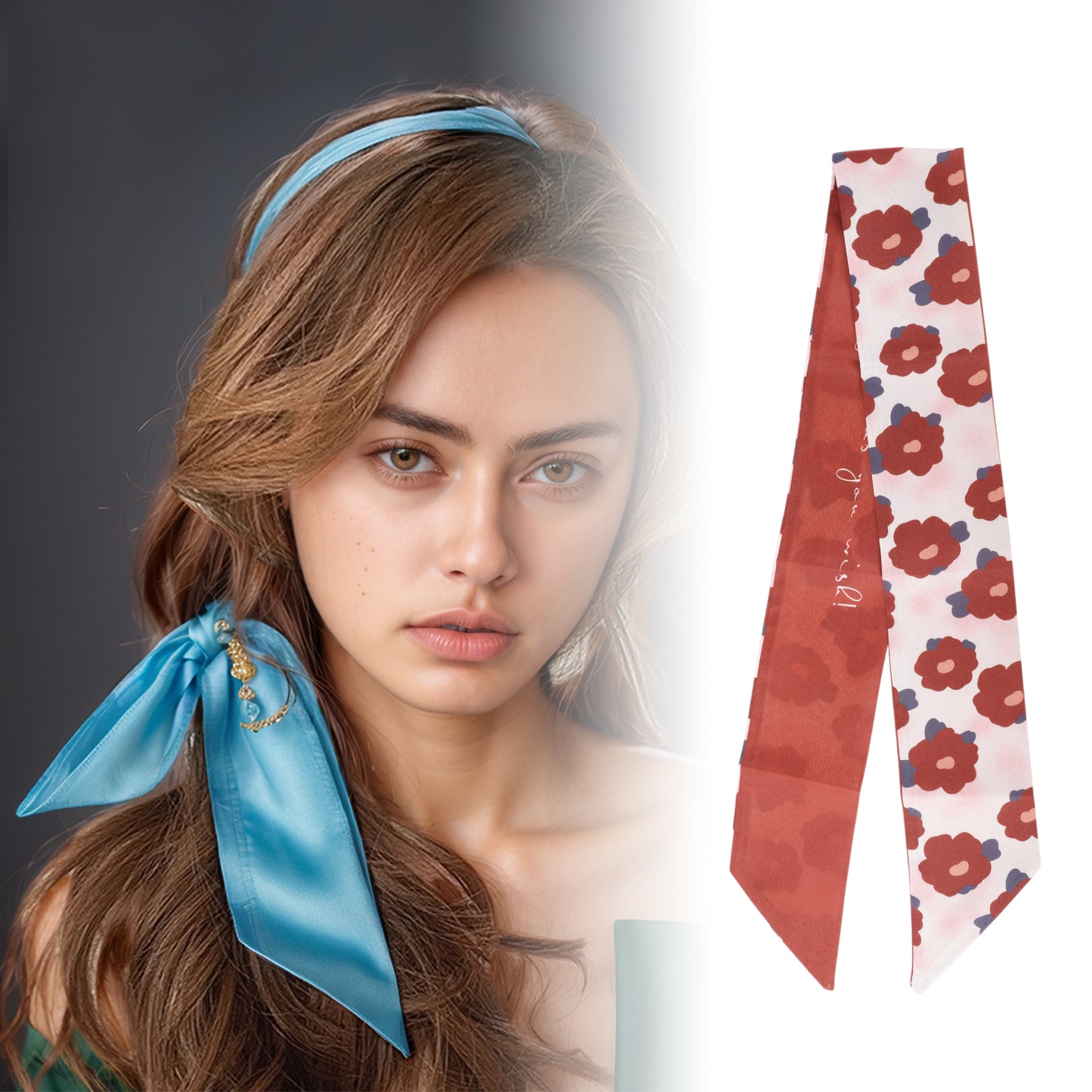 Diadema de satén con estampado de flores para mujer, color beige y rojo, 1 unidad