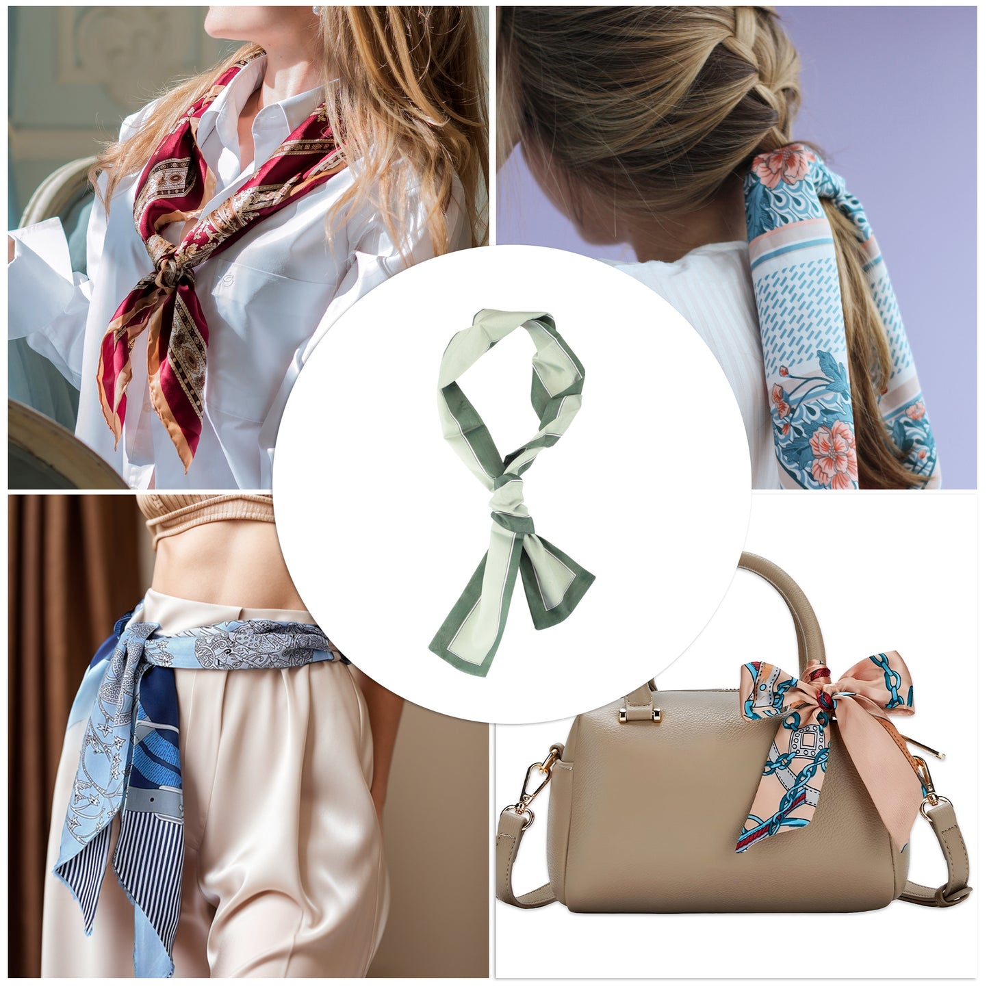 Pañuelo para el cuello con banda de contraste y bloques de color para mujer, verde, 1 unidad