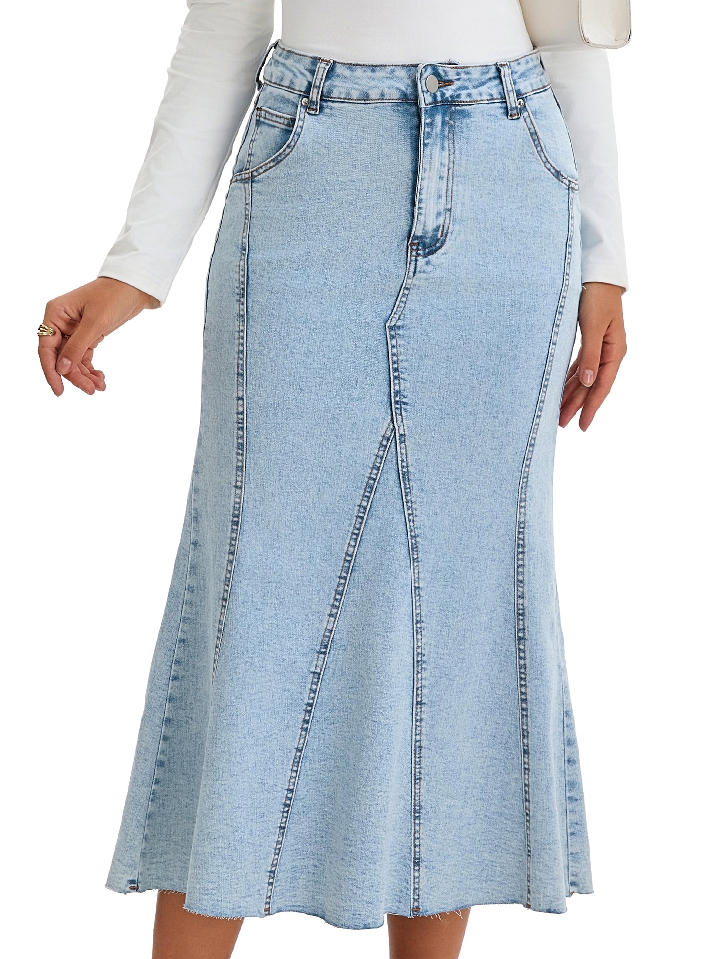 Women's Denim High Waisted Fit and Flare Maxi Skirt