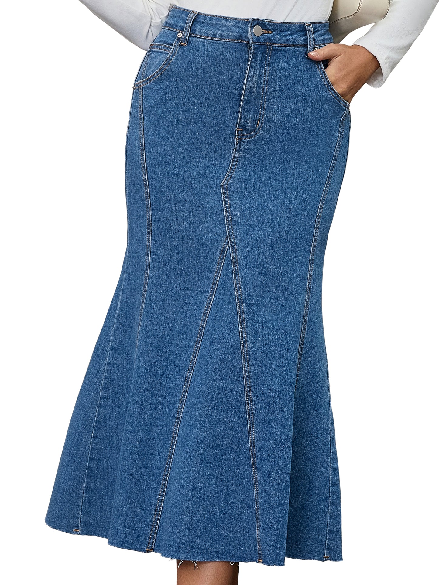 Women's Denim High Waisted Fit and Flare Maxi Skirt