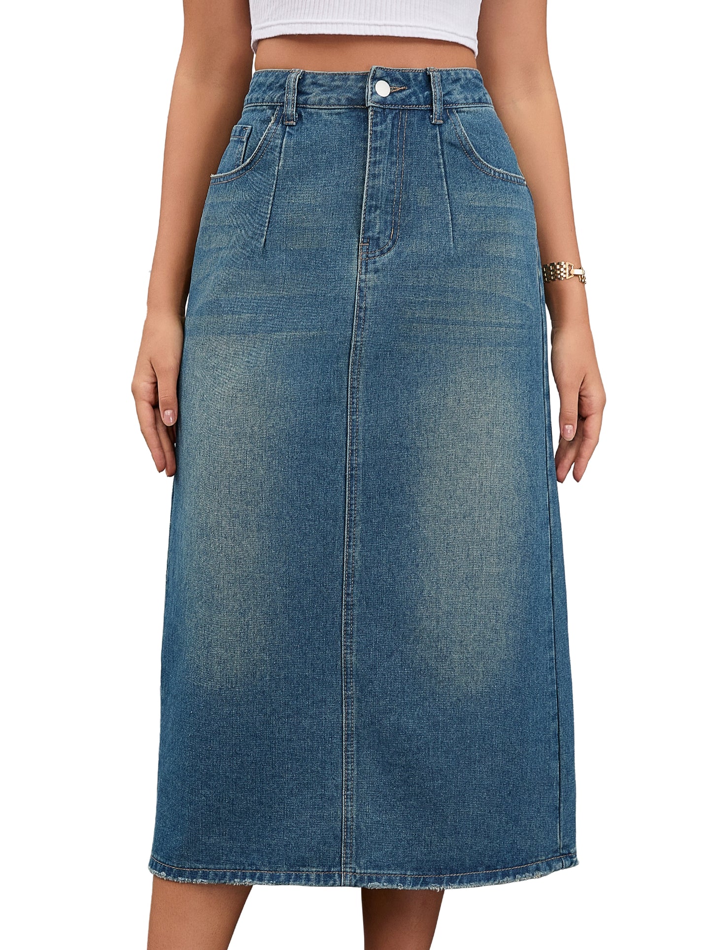 Women's Denim Stretch High Waisted Split Back Pockets Pencil Midi Skirt