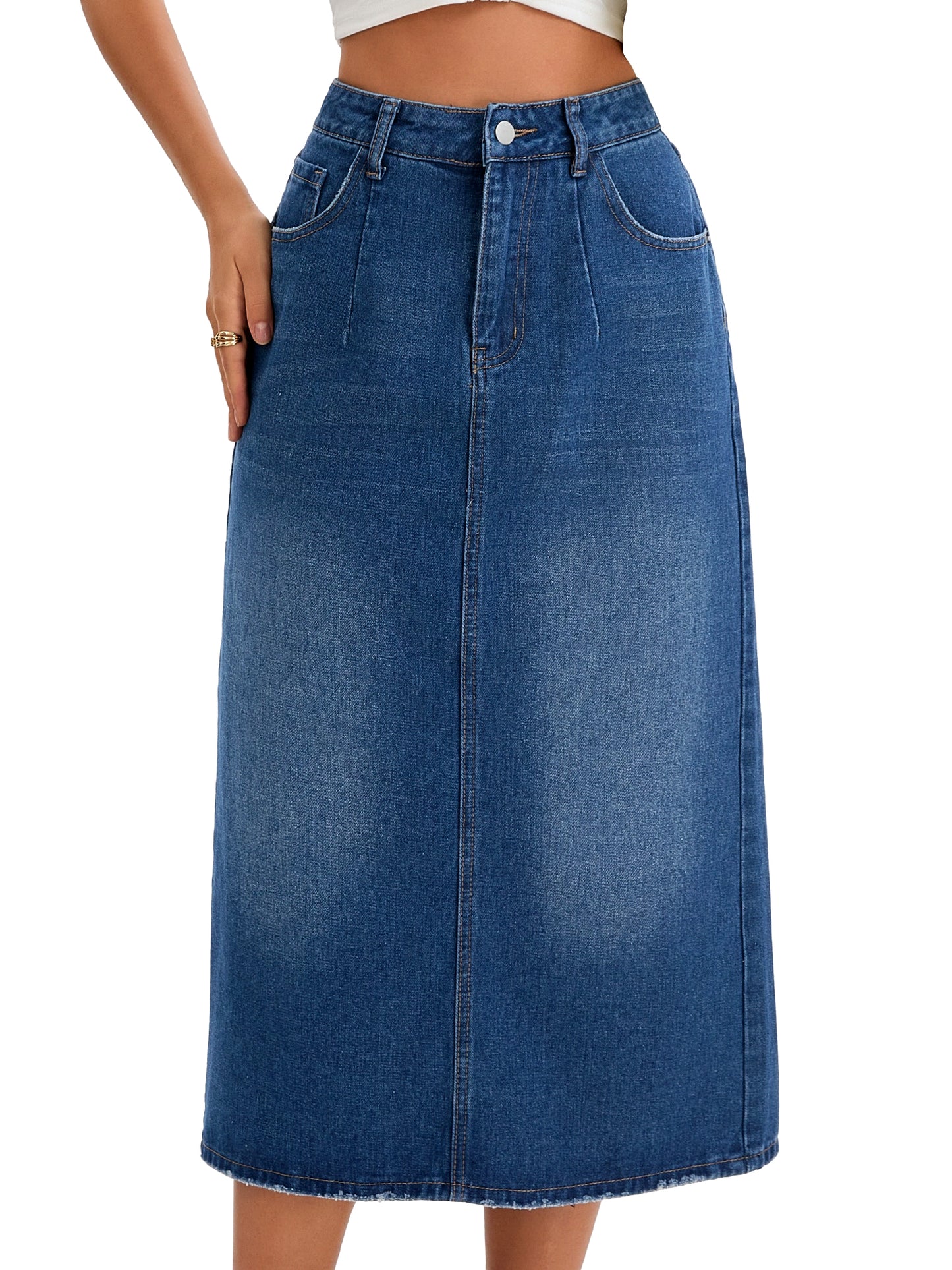 Women's Denim Stretch High Waisted Split Back Pockets Pencil Midi Skirt