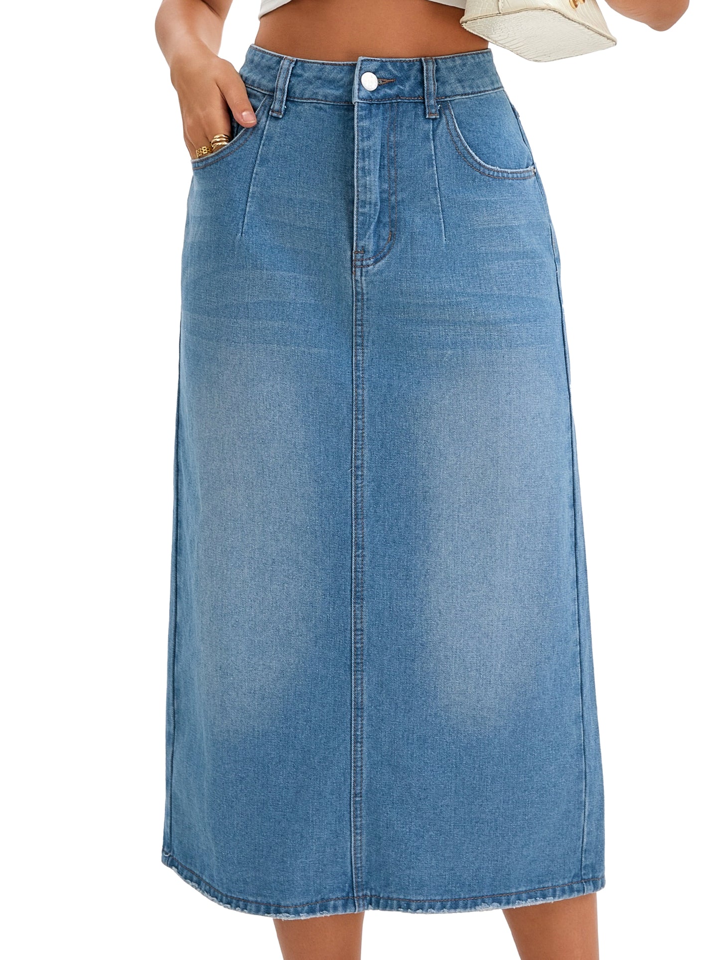 Women's Denim Stretch High Waisted Split Back Pockets Pencil Midi Skirt