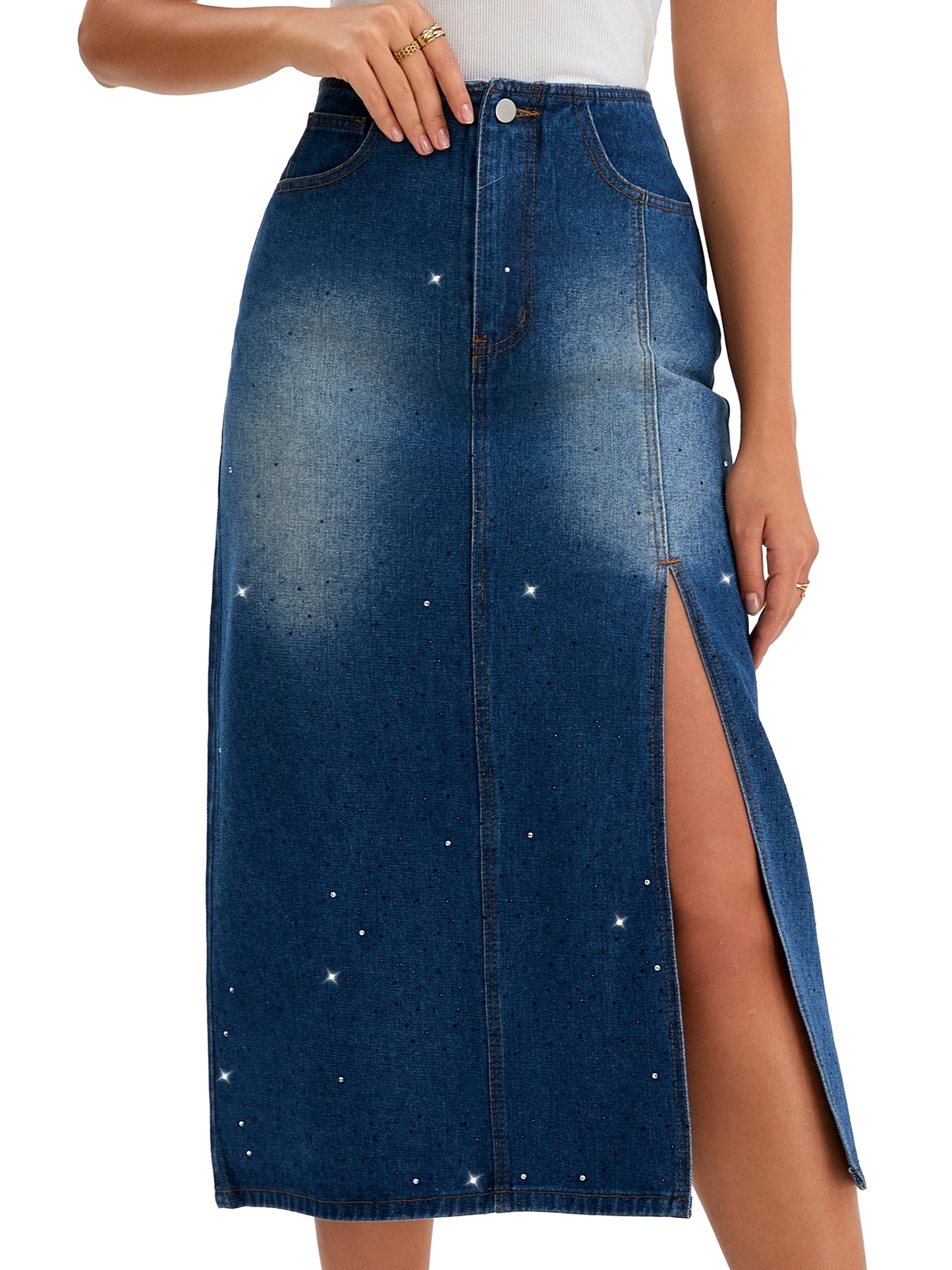 Falda tubo de mezclilla con abertura lateral y cintura alta elástica para mujer