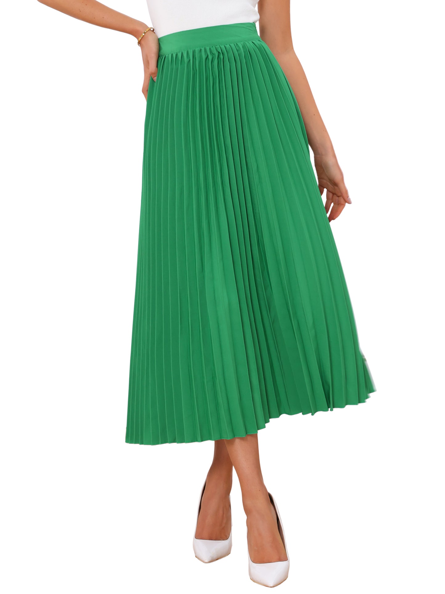 Women's Elastic High Waisted Work Flowy Long Pleated Maxi Skirt