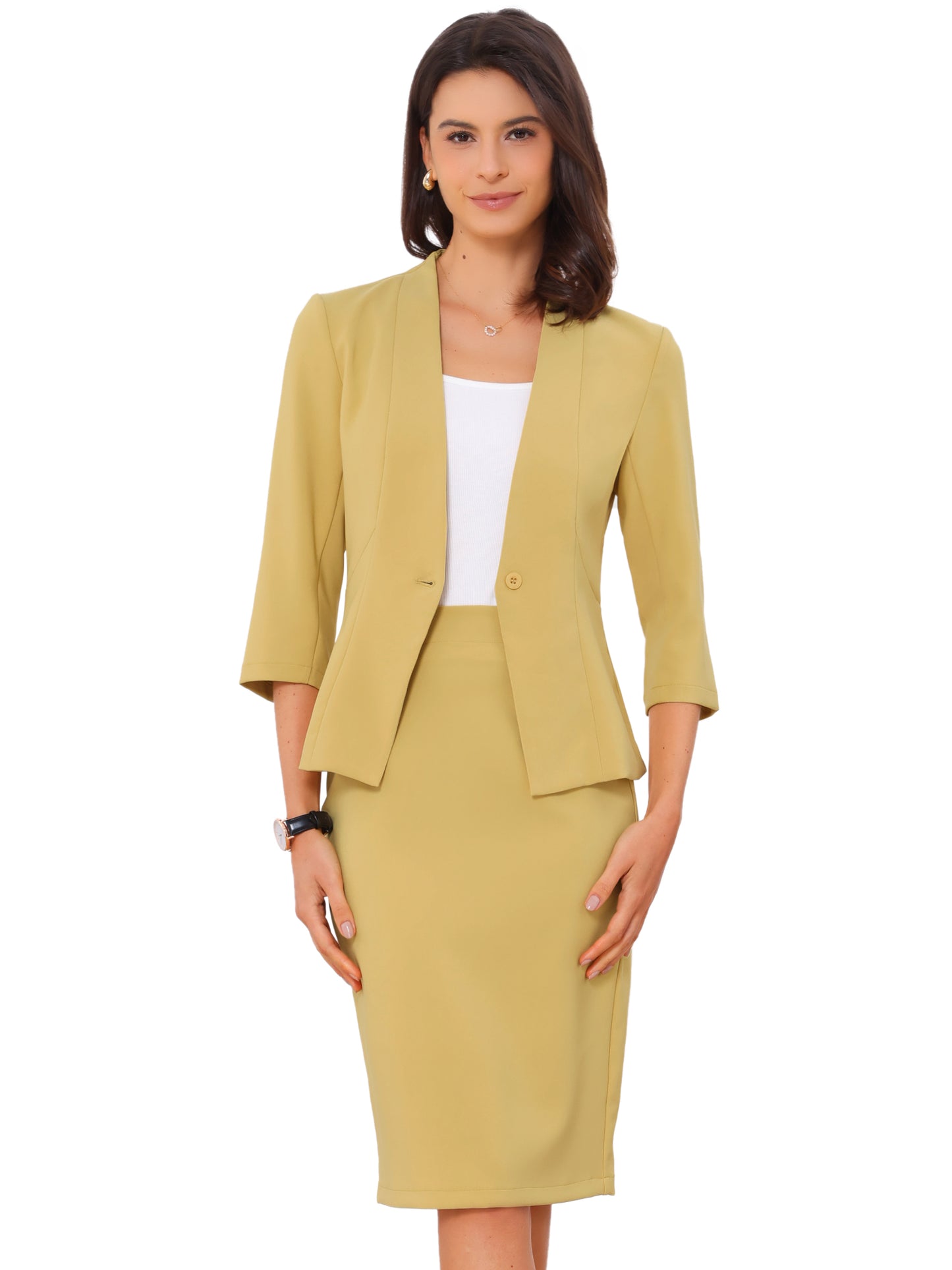Conjunto de traje de negocios de 2 piezas para mujer, blazer sin cuello y falda lápiz para oficina
