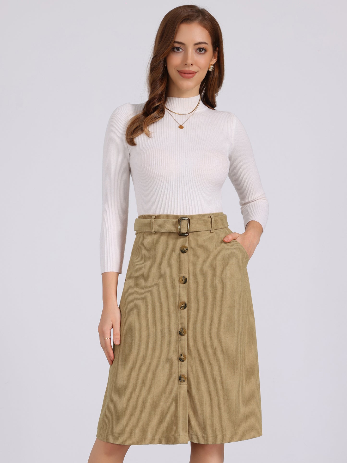 Women's Fall Button Front Belted Corduroy High Waist Midi Skirt