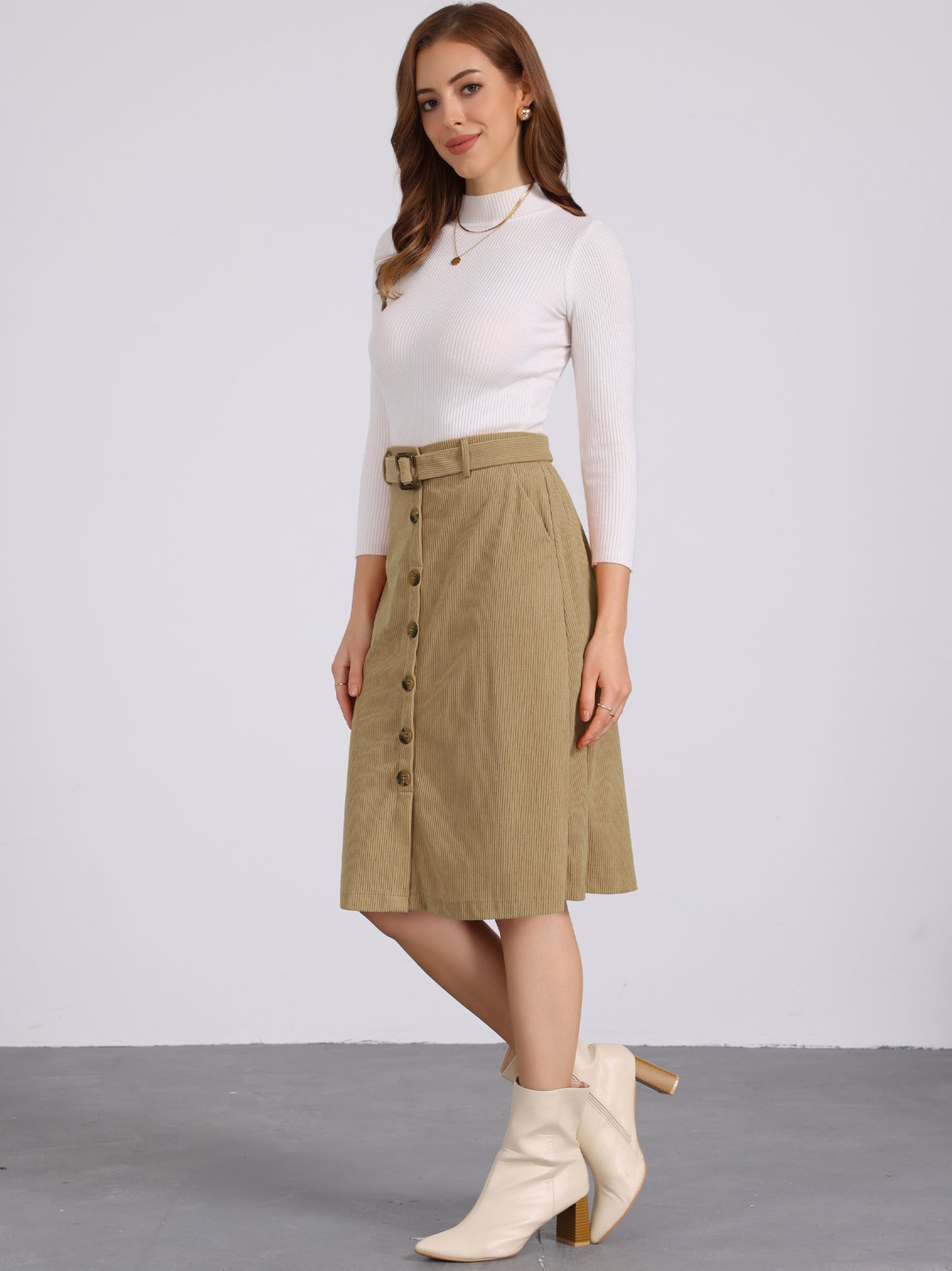 Women's Fall Button Front Belted Corduroy High Waist Midi Skirt