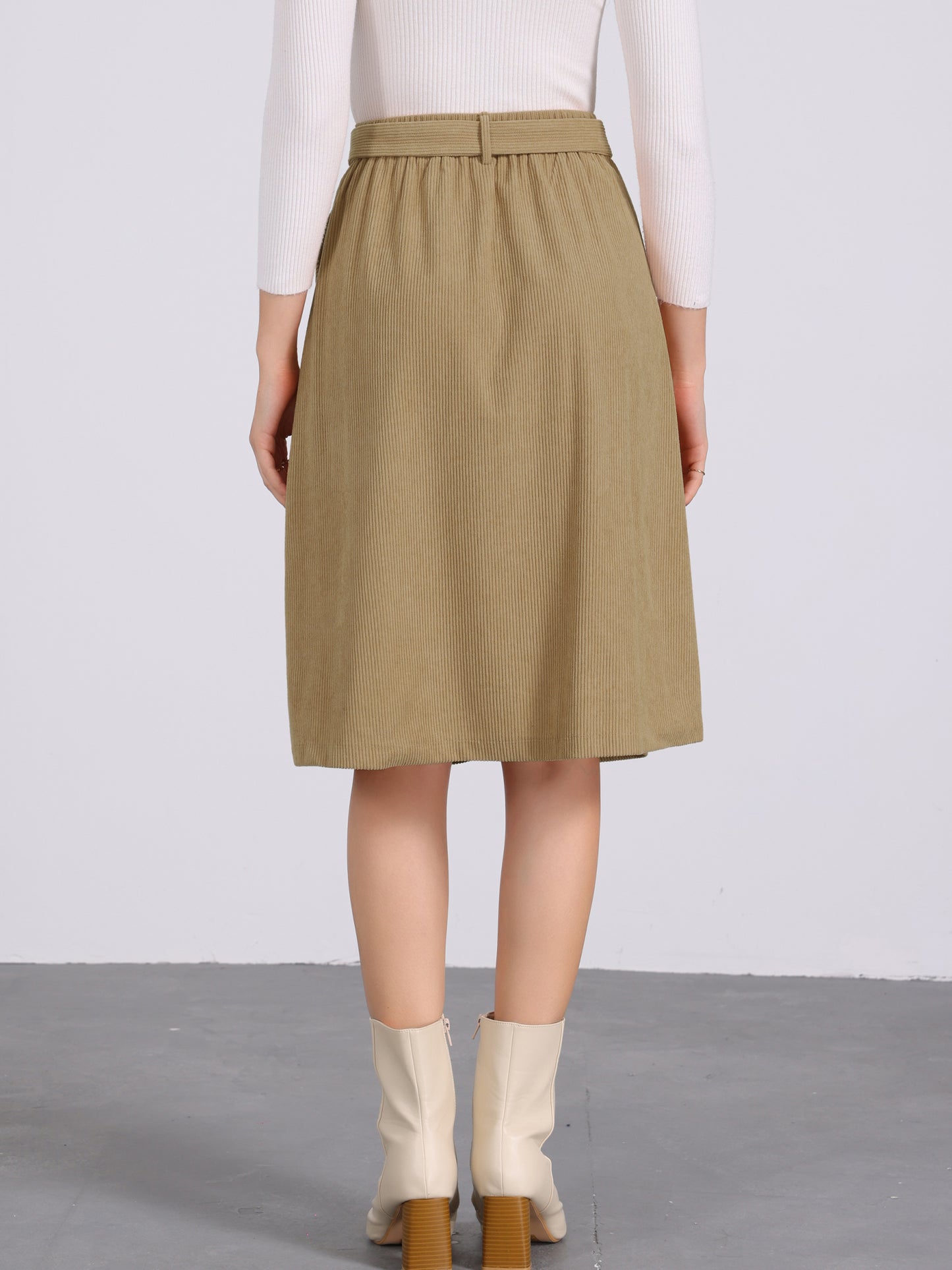 Women's Fall Button Front Belted Corduroy High Waist Midi Skirt