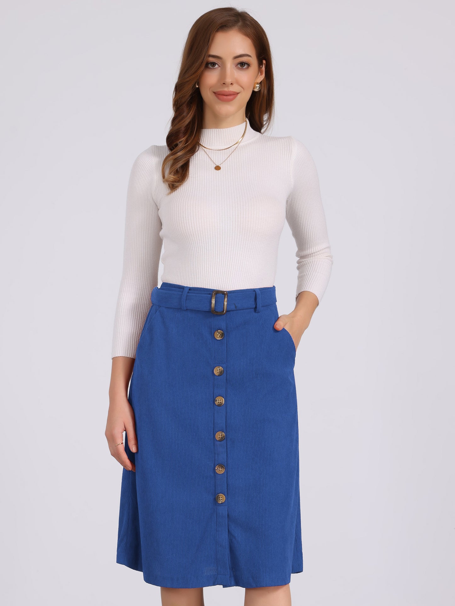 Women's Fall Button Front Belted Corduroy High Waist Midi Skirt