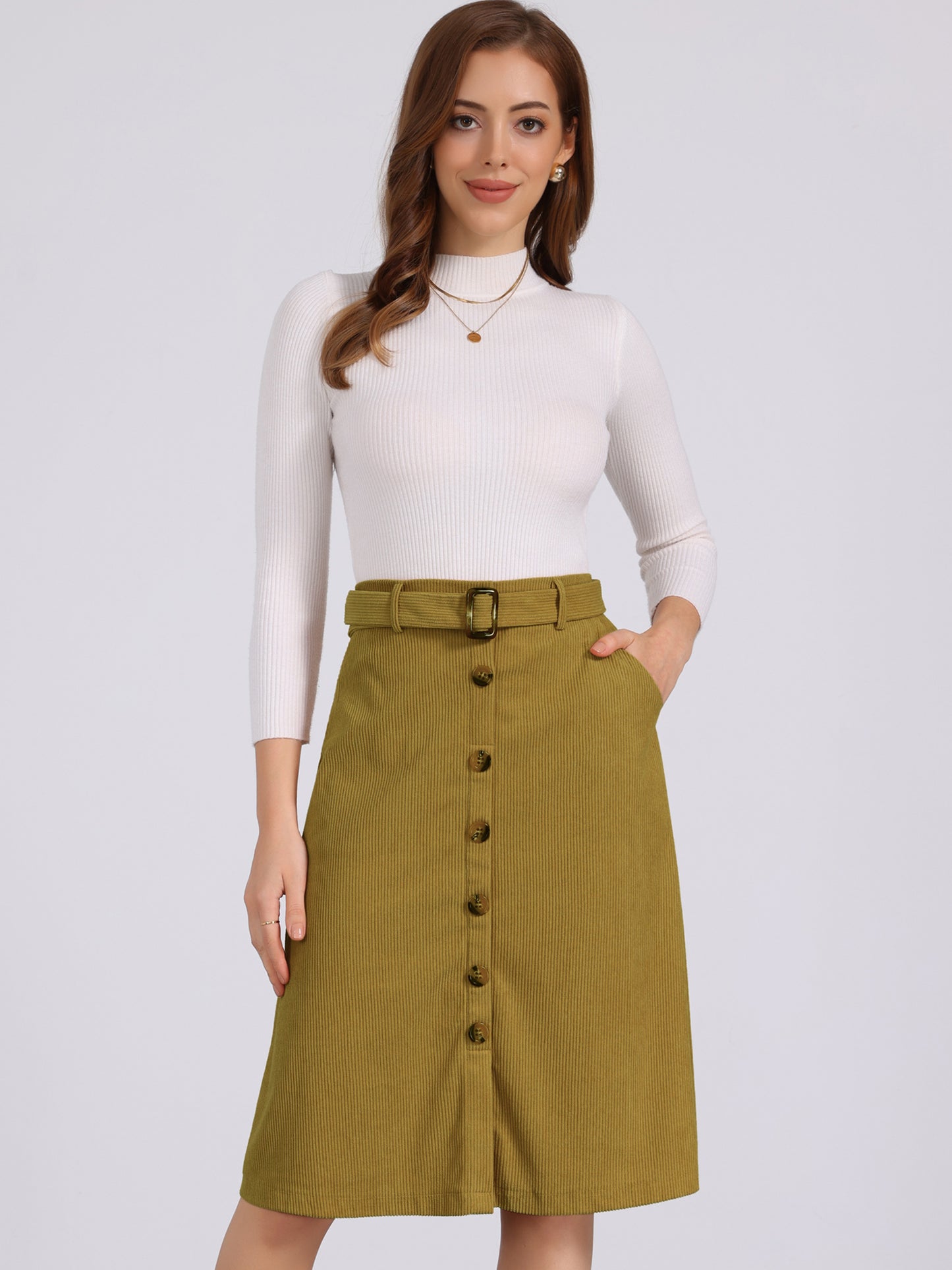 Women's Fall Button Front Belted Corduroy High Waist Midi Skirt