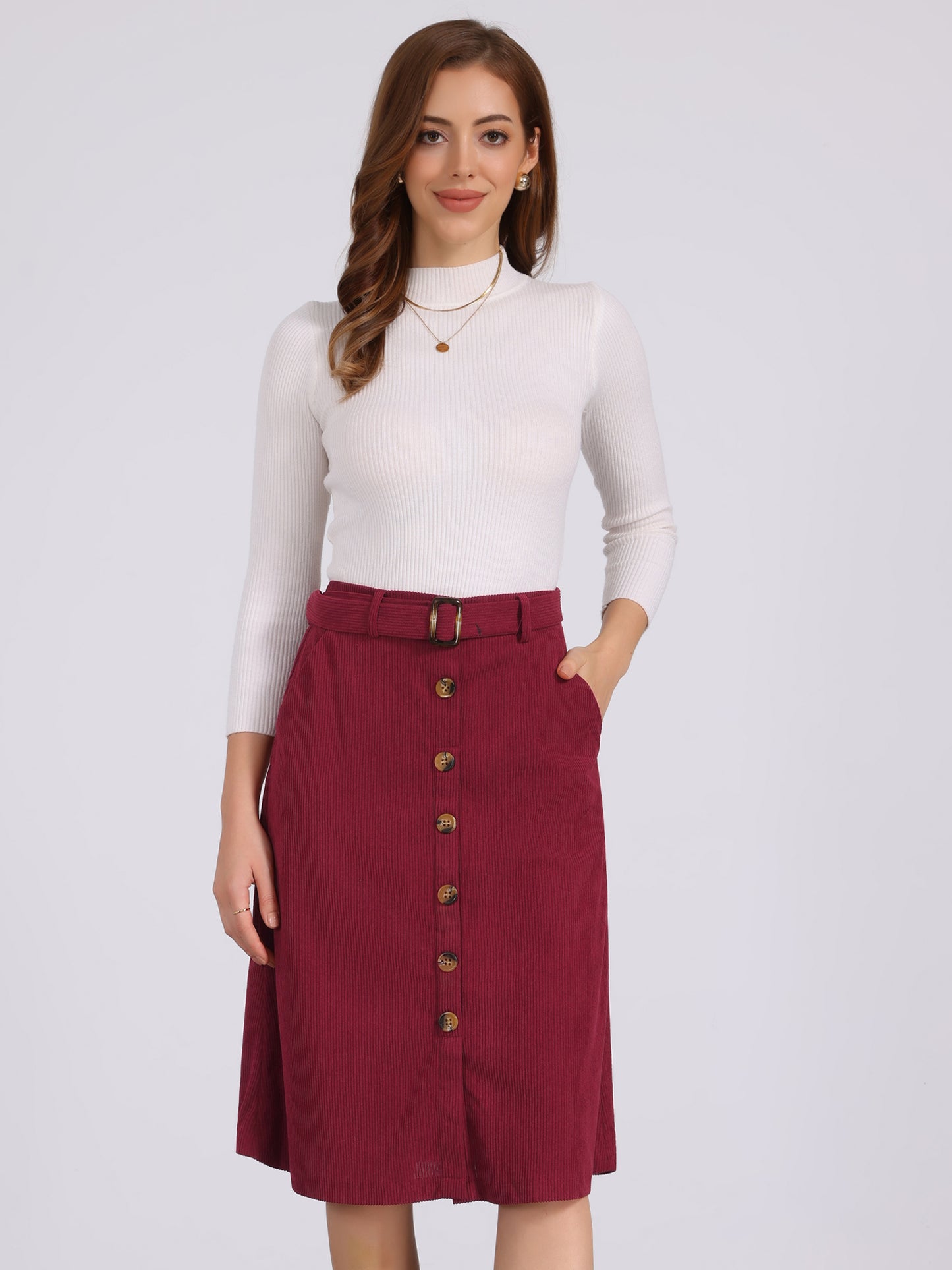 Women's Fall Button Front Belted Corduroy High Waist Midi Skirt
