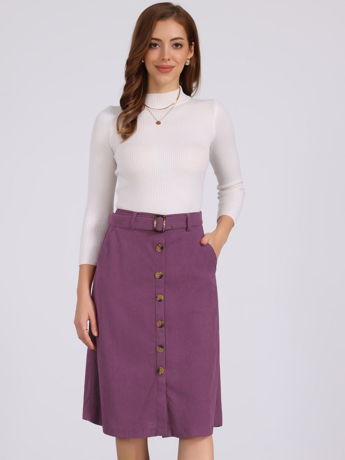 Women's Fall Button Front Belted Corduroy High Waist Midi Skirt