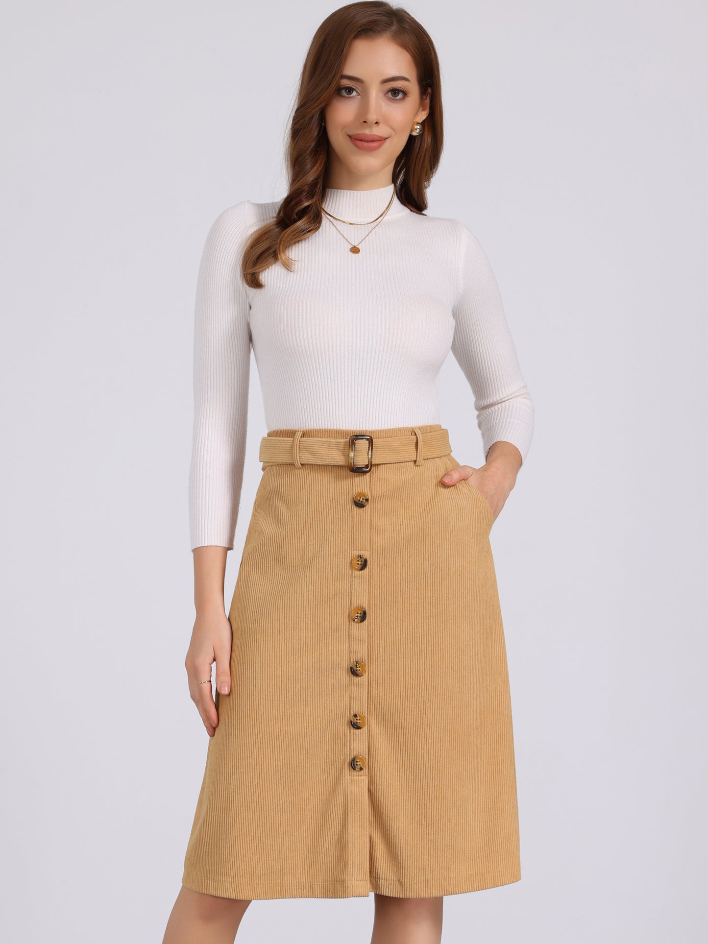 Women's Fall Button Front Belted Corduroy High Waist Midi Skirt
