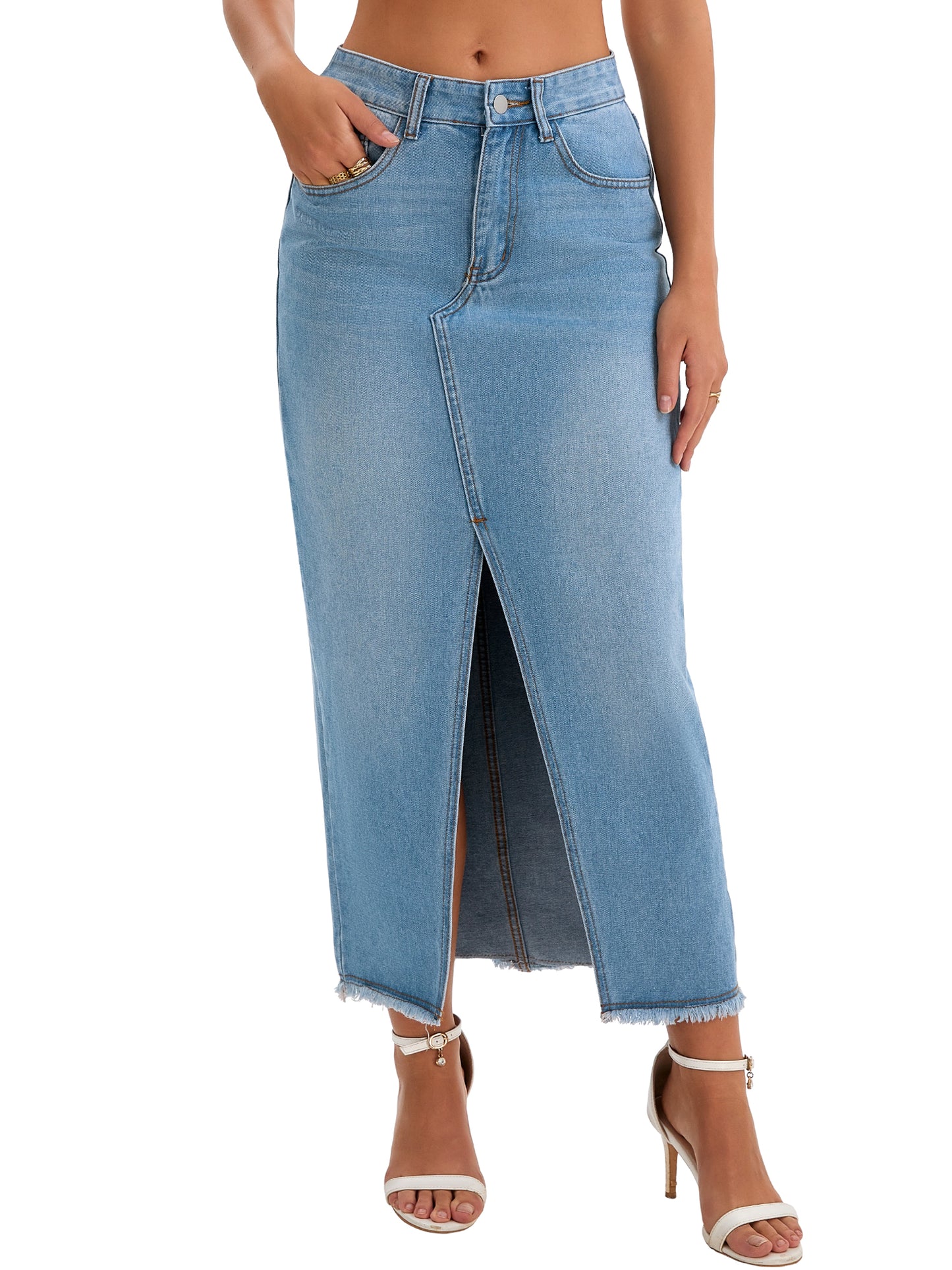Women's Denim High Waist Split Front Raw Hem Washed Maxi Skirt with Pockets