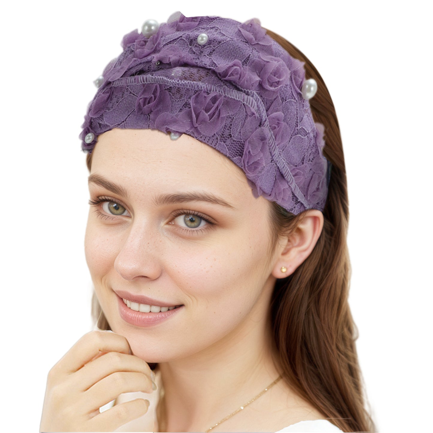 Diadema ancha de encaje con perlas sintéticas para mujer, color morado, 1 unidad
