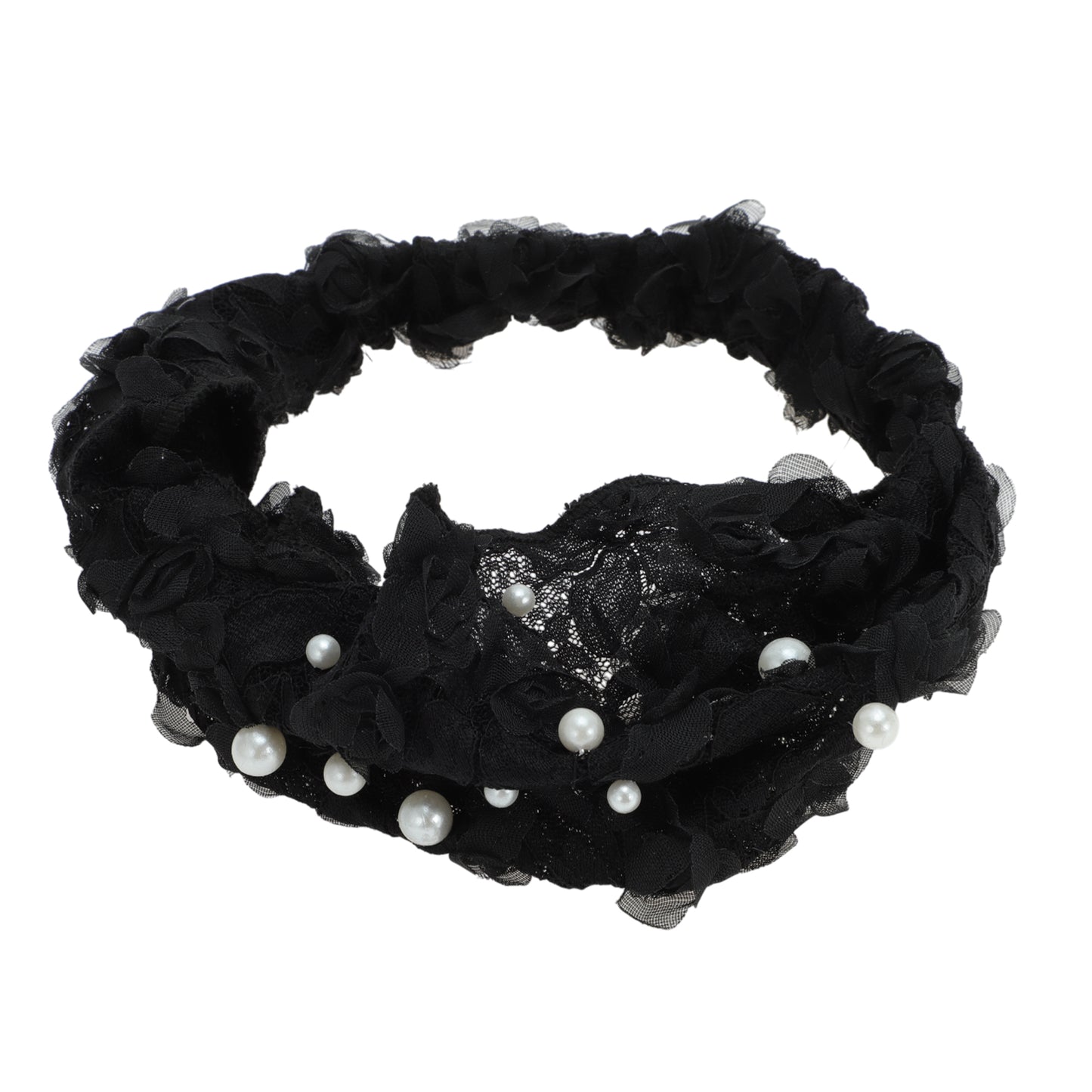 Faux Pearl Lace Wide Headband for Women Black 1 Pc