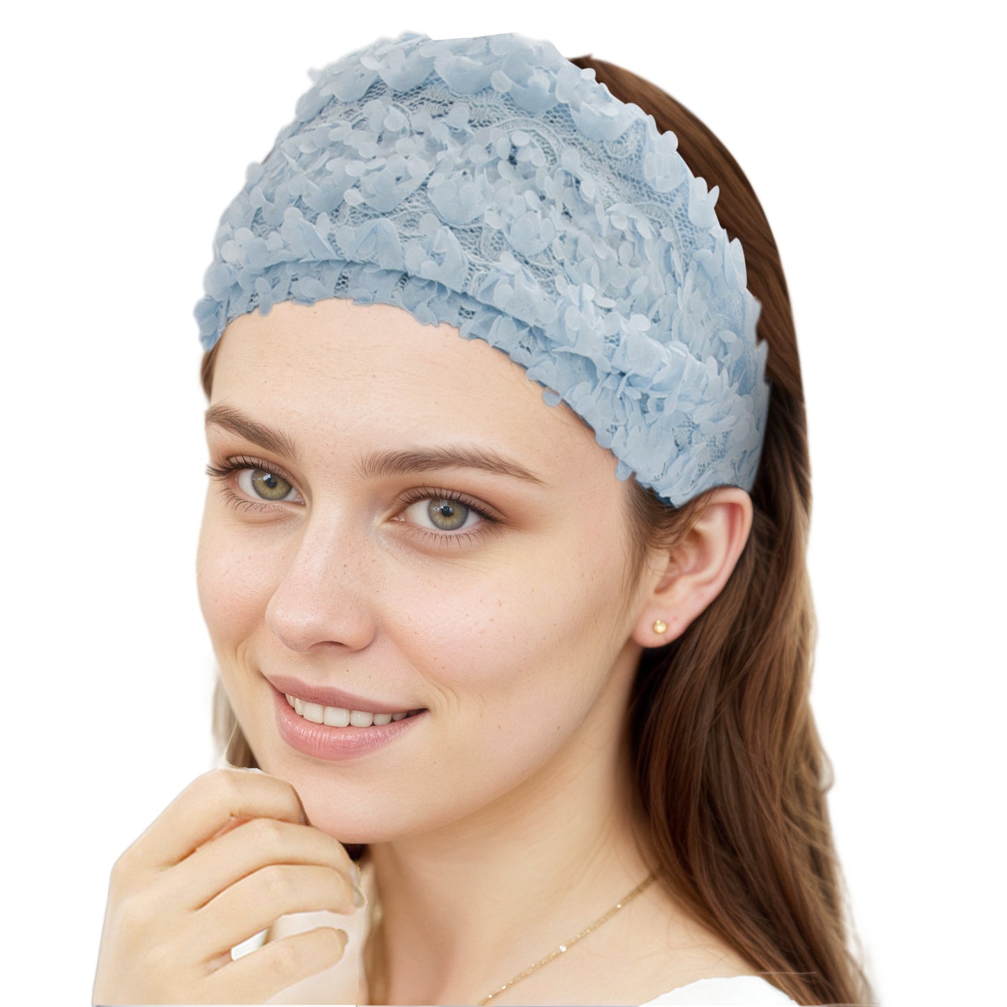 Diadema ancha de encaje floral tridimensional para mujer, color azul cielo, 1 unidad