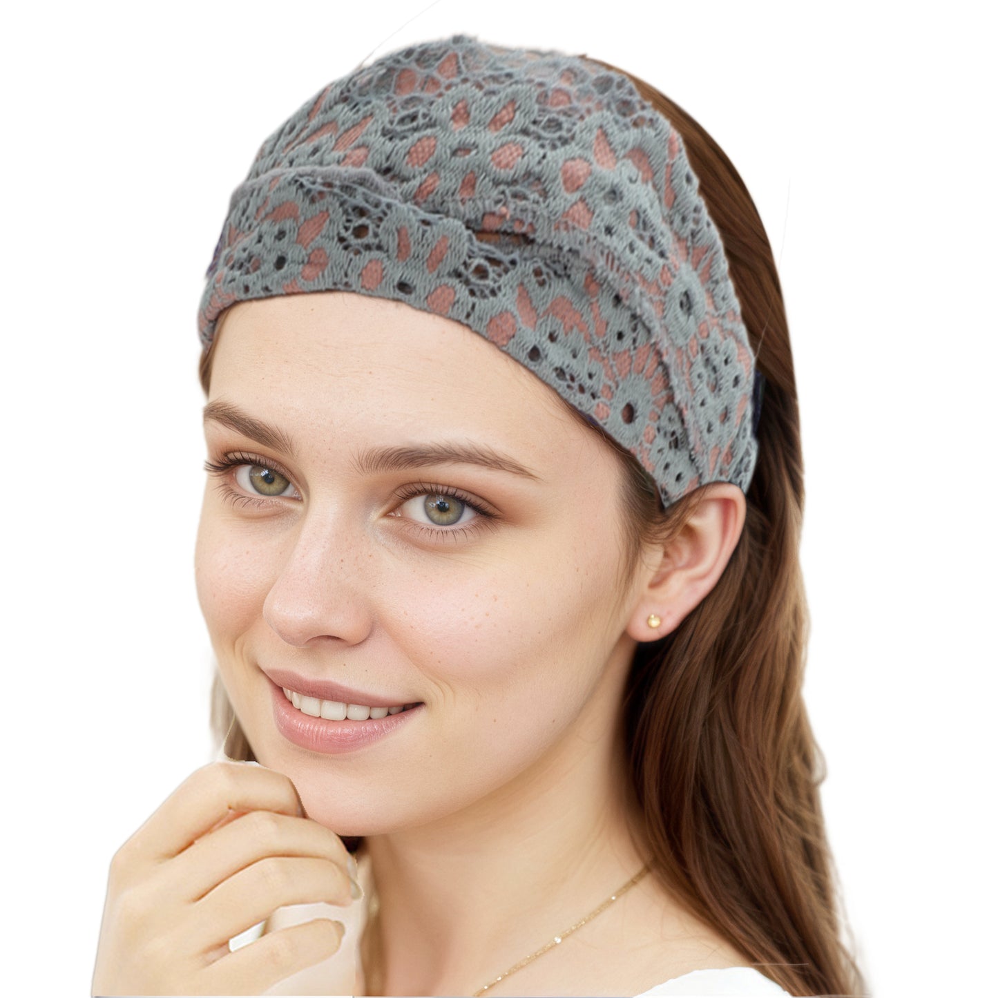 Diadema ancha de encaje fino con flores para mujer, color gris y rosa, 1 unidad