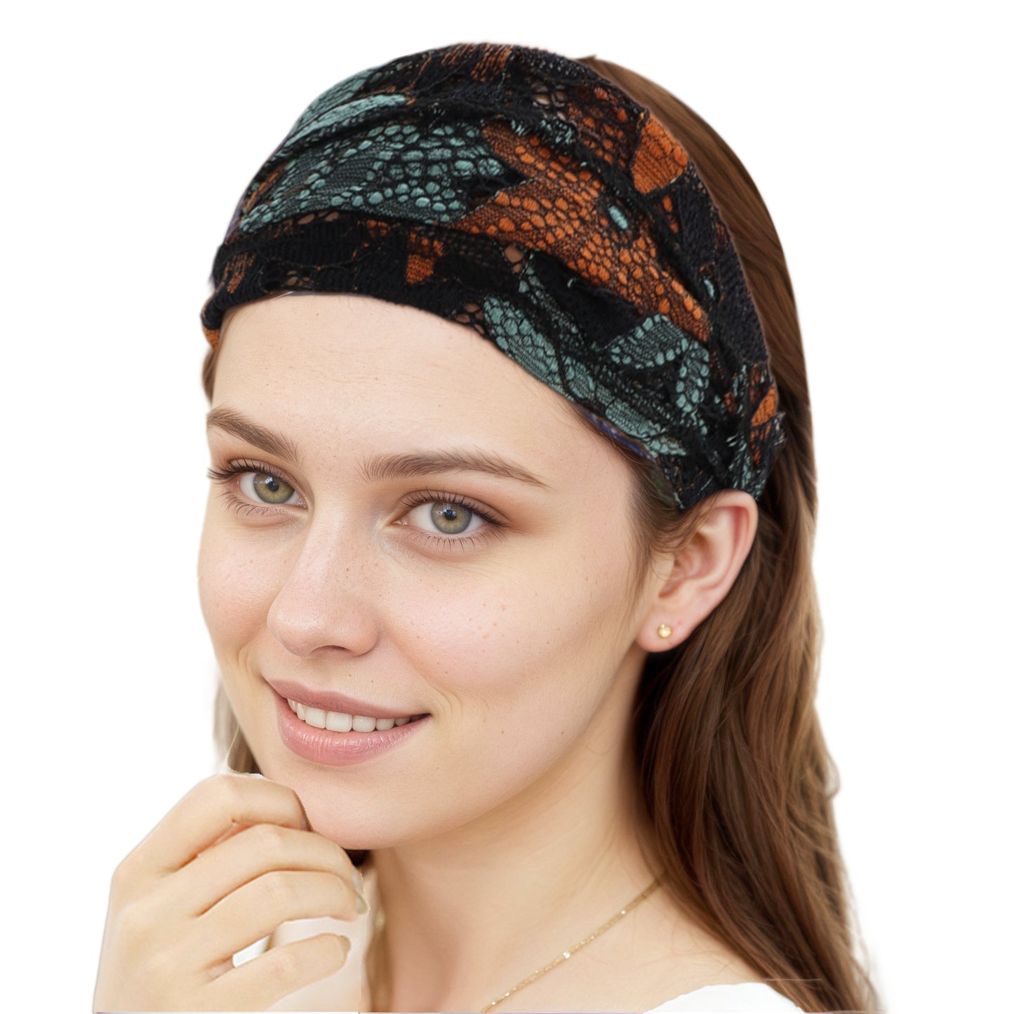 Flower Lace Wide Headband for Women Green Orange 1 Pc