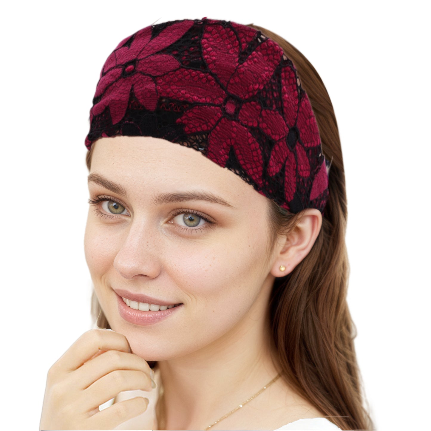Diadema ancha de encaje floral para mujer, color rojo vino, 1 unidad