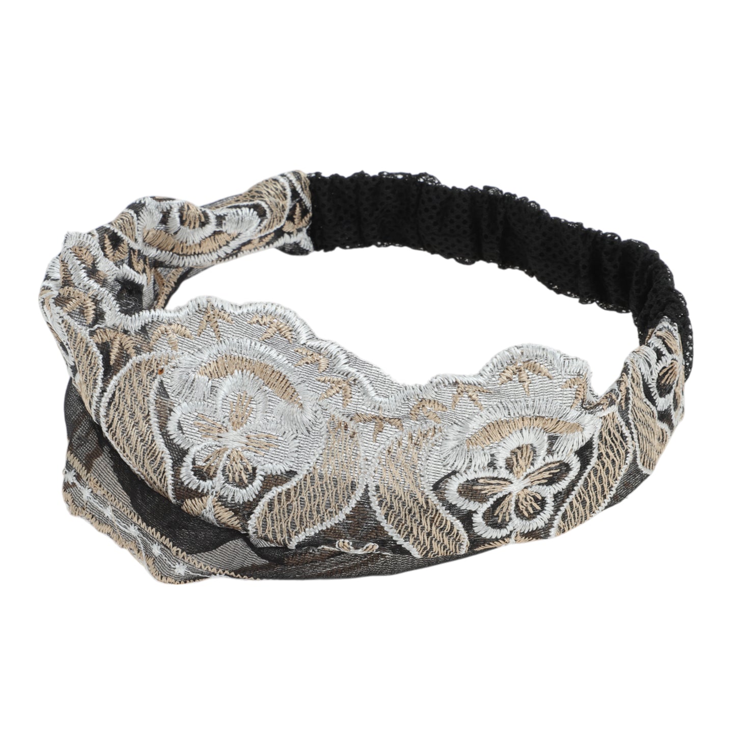 Diadema ancha de encaje con bordado de flores para mujer, color negro y beige, 1 unidad
