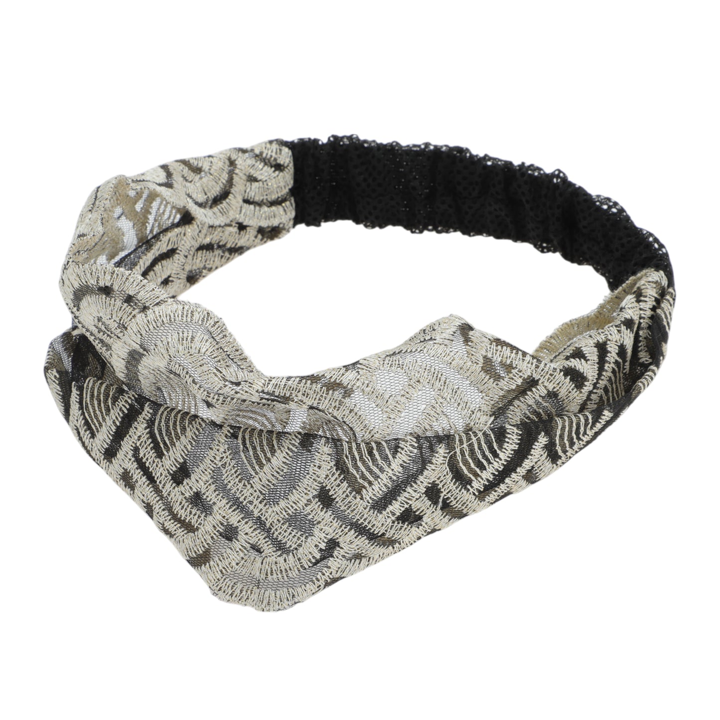 Diadema ancha de encaje con bordado de ondas para mujer, color negro y beige, 1 unidad