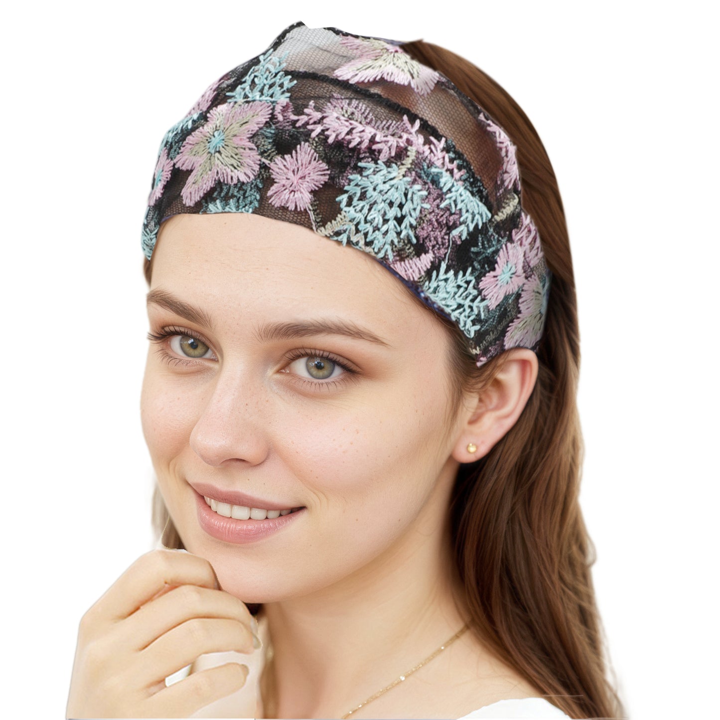 Diadema ancha de encaje con bordado floral para mujer, color rosa, 1 unidad