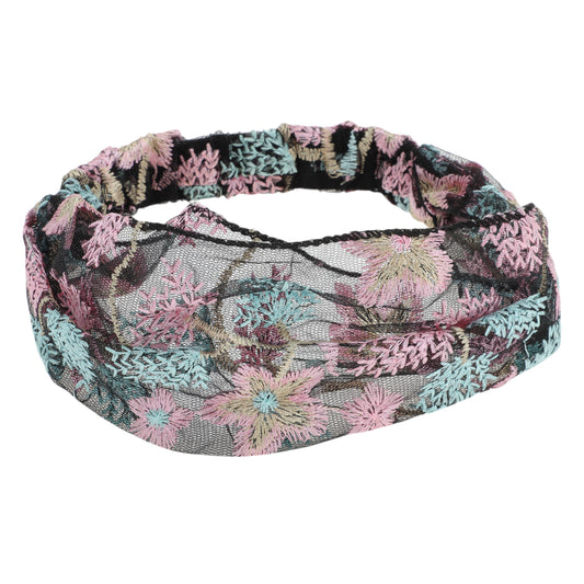 Diadema ancha de encaje con bordado floral para mujer, color rosa, 1 unidad