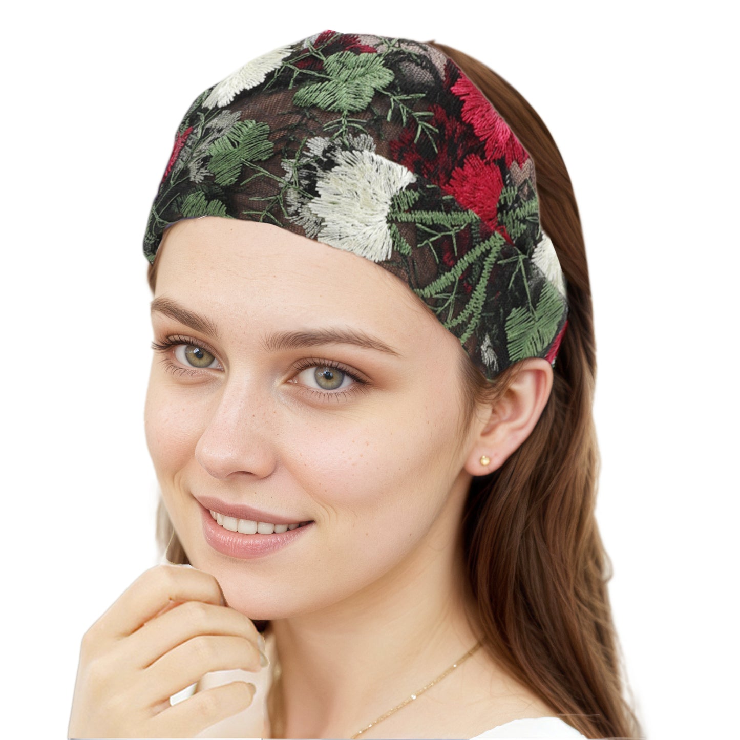 Diadema ancha de encaje con bordado floral para mujer, color rojo y verde, 1 unidad