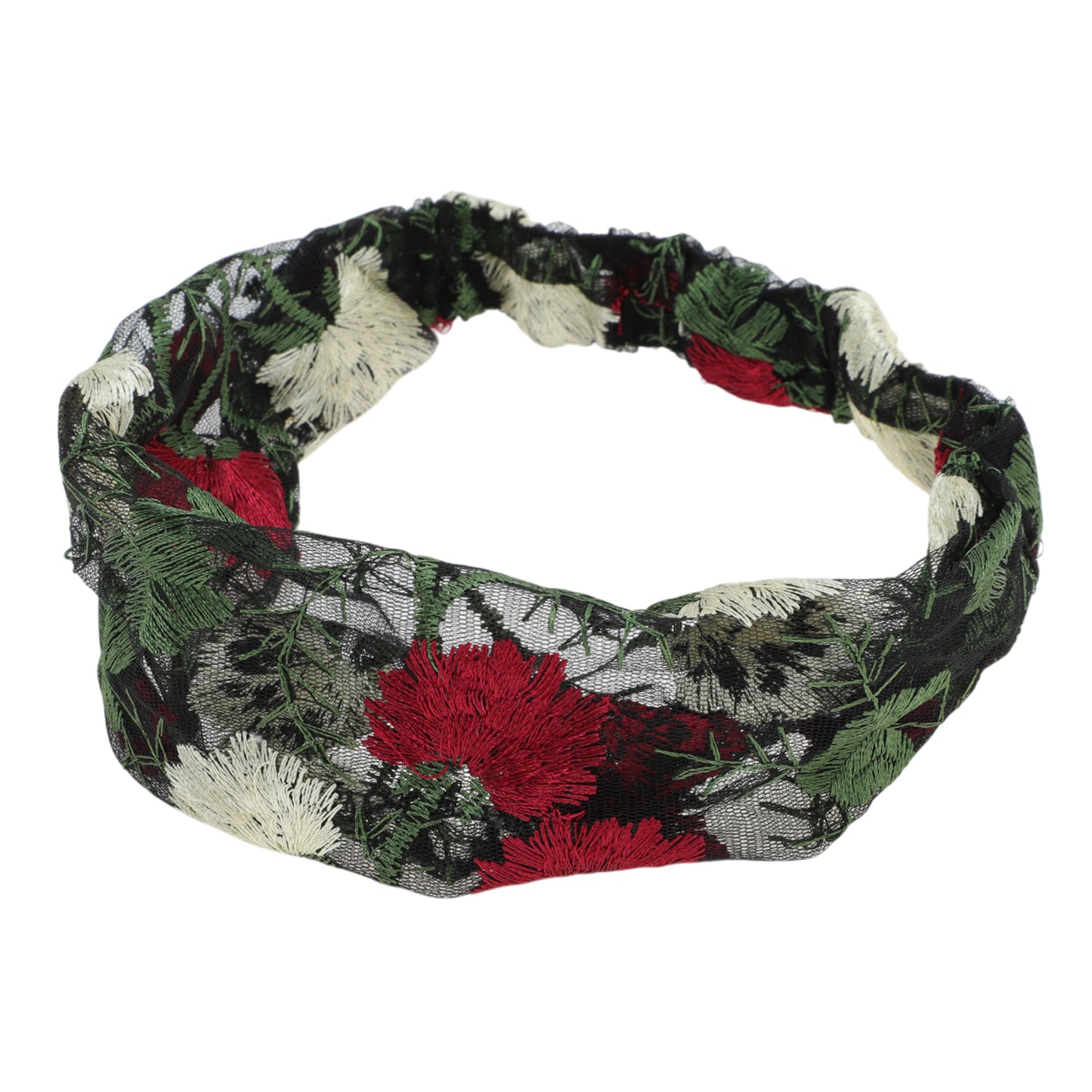 Diadema ancha de encaje con bordado floral para mujer, color rojo y verde, 1 unidad