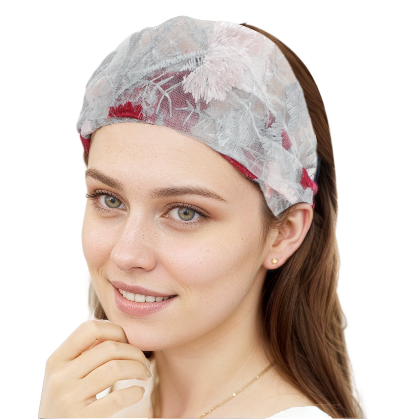 Floral Embroidery Lace Wide Headband for Women Gray Red 1 Pc