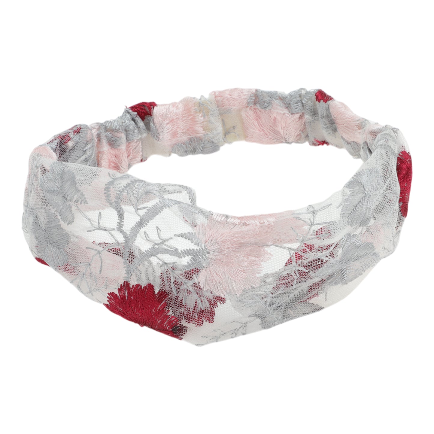 Floral Embroidery Lace Wide Headband for Women Gray Red 1 Pc