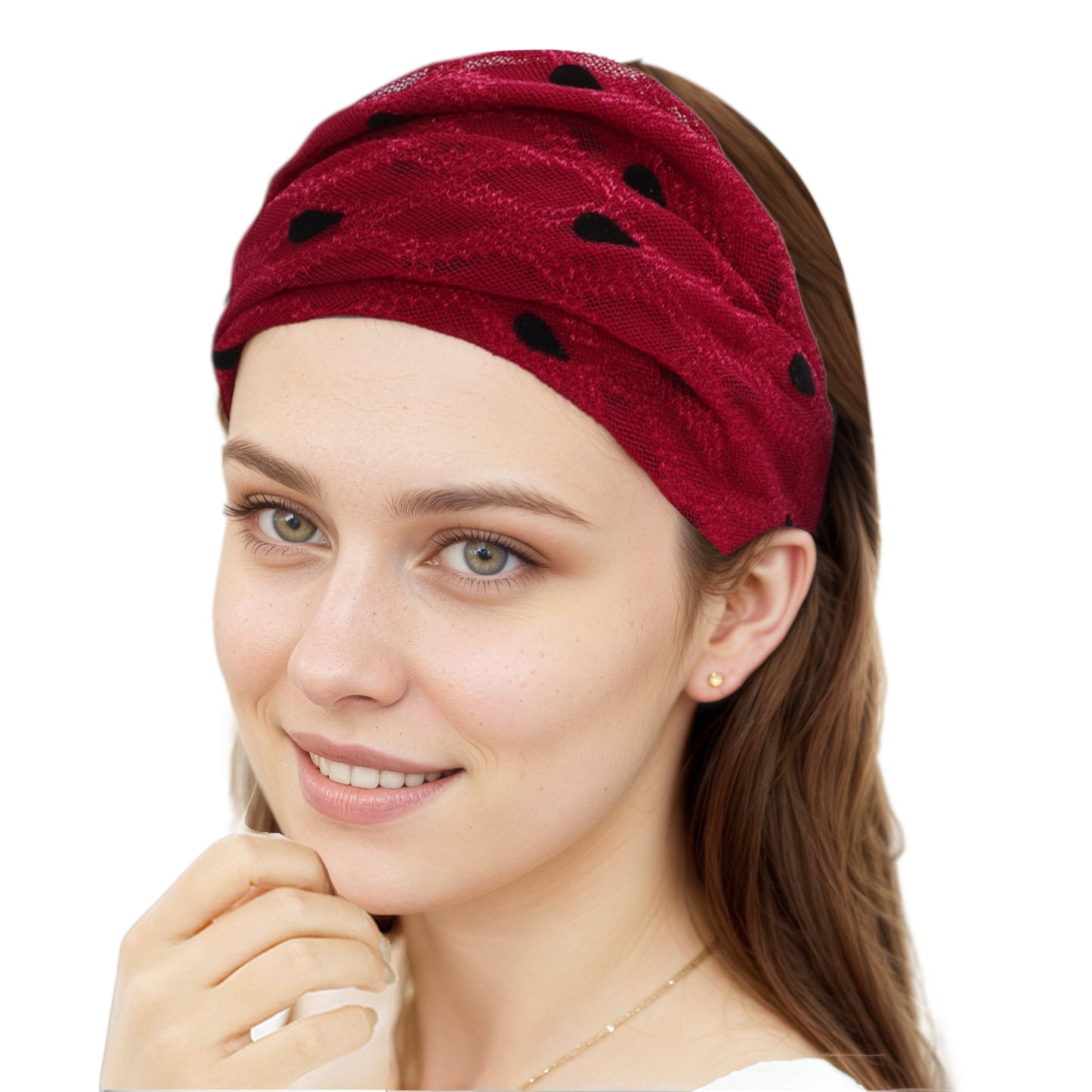 Dots Mesh Lace Wide Headband for Women Wine Red 1 Pc