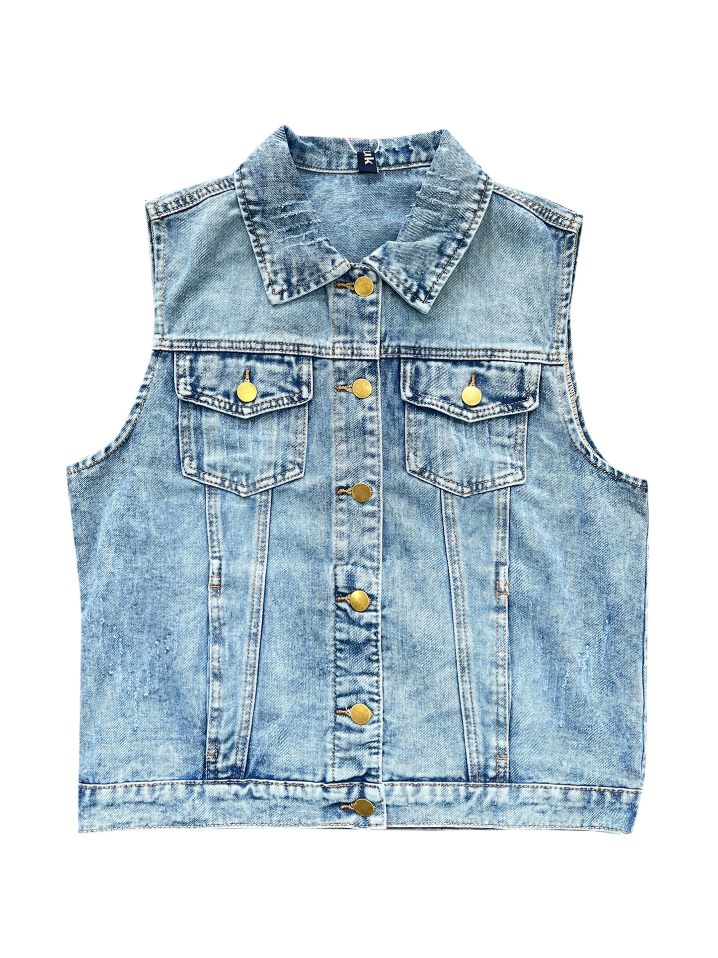 Women's Denim Vest Button Down Chest Flap Pockets Washed Distressed Sleeveless Jean Jacket