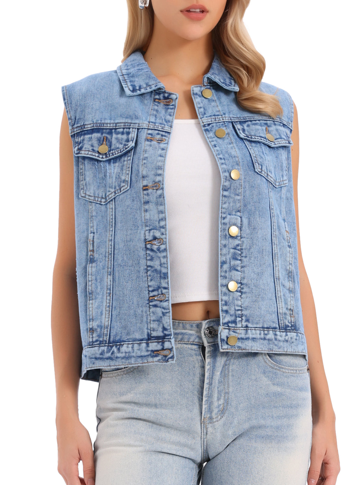 Women's Denim Vest Button Down Chest Flap Pockets Washed Distressed Sleeveless Jean Jacket