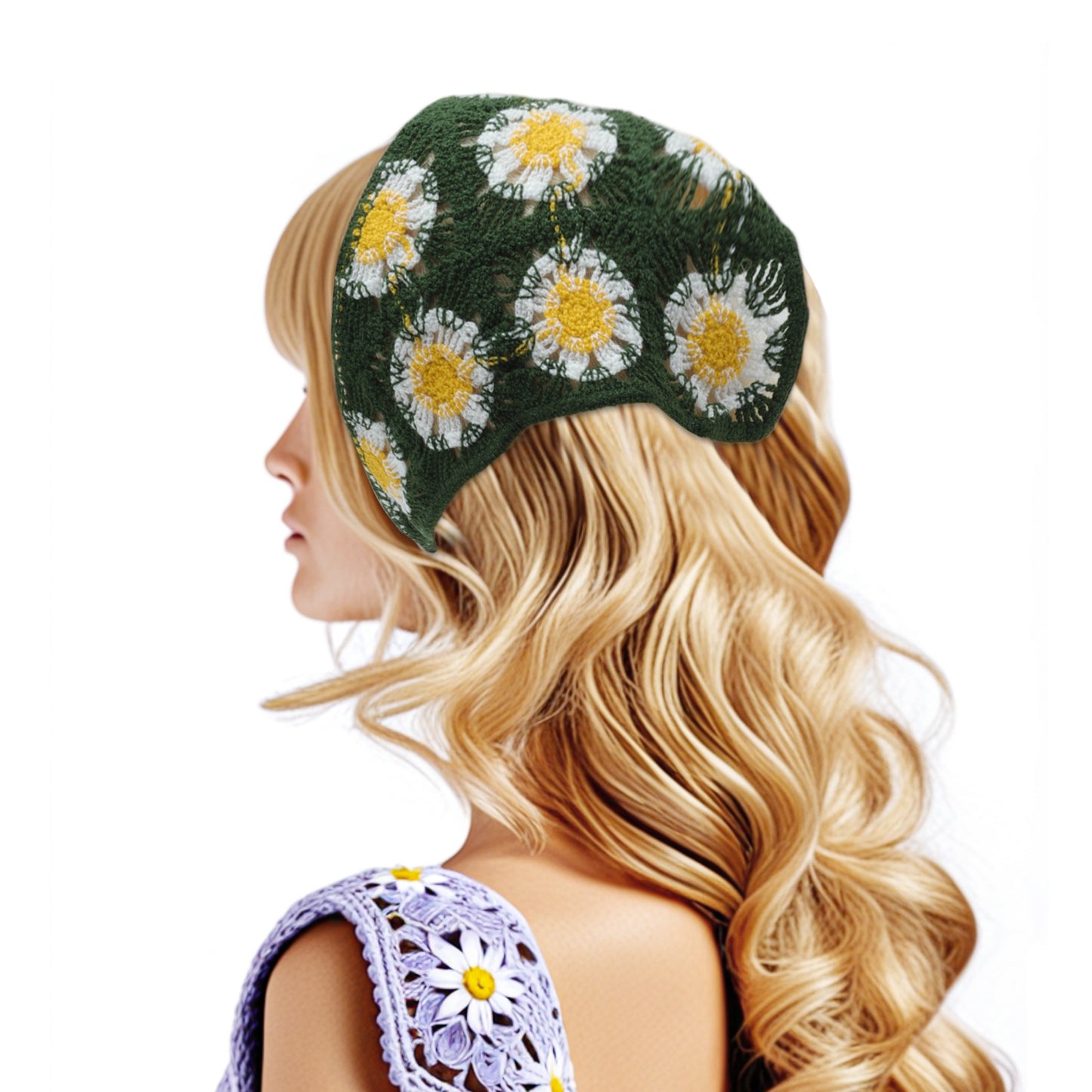 Knitted Triangle Bandana for Women Dark Green Beige 2 Pcs